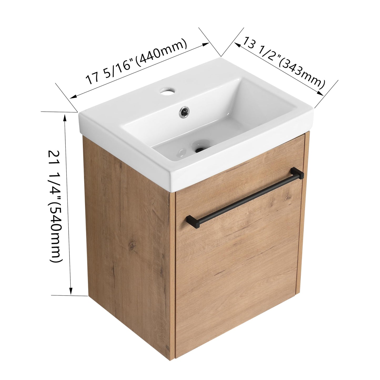 Noble House Home Furnishings Glemab 17.31" Floating Wall-Mounted Bathroom Vanity, Bathroom Vanity with Ceramic Sink, Soft-Close Cabinet Door, Wall-Mounted Storage Cabinet with Ceramic Sink, Oak