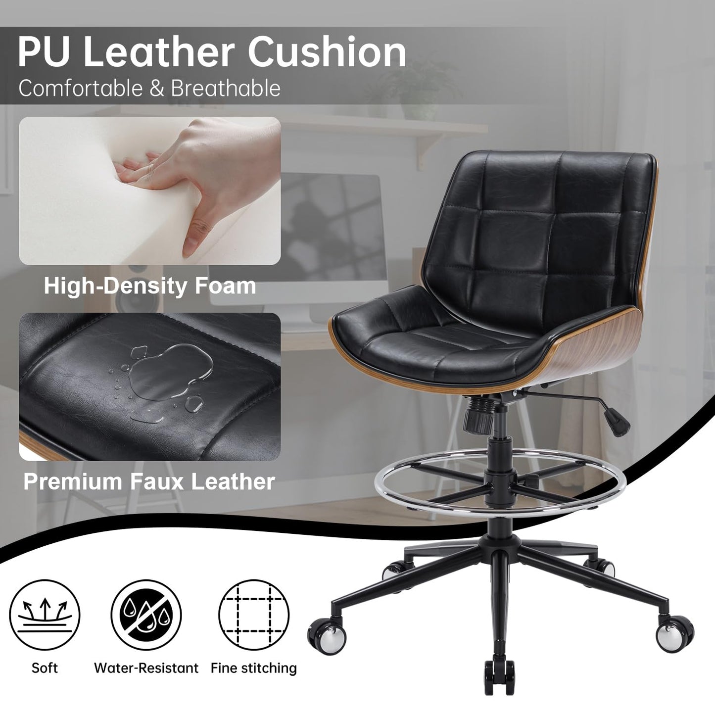 Drafting Office Chair Ergonomic Executive Computer Standing Desk Chair with Adjustable Height and Footrest Ring, Drafting Chair for Counter Height Desk and Drawing (Black)
