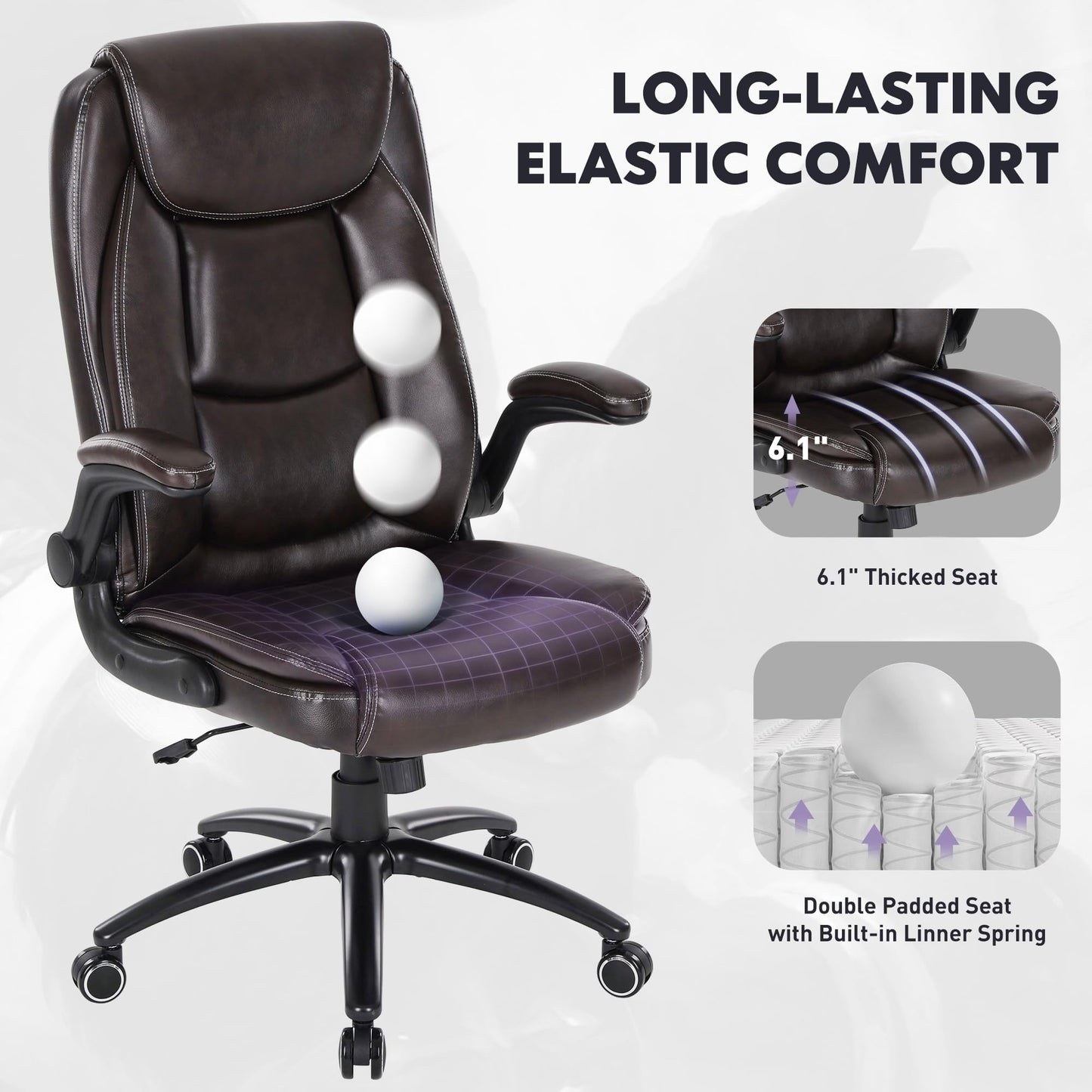 400lbs Capacity Executive Desk Chair Set of 2 with Ergonomic Lumbar Support, Flip-up Arms & High Back Leather Computer Chair for Home/Office, Brown