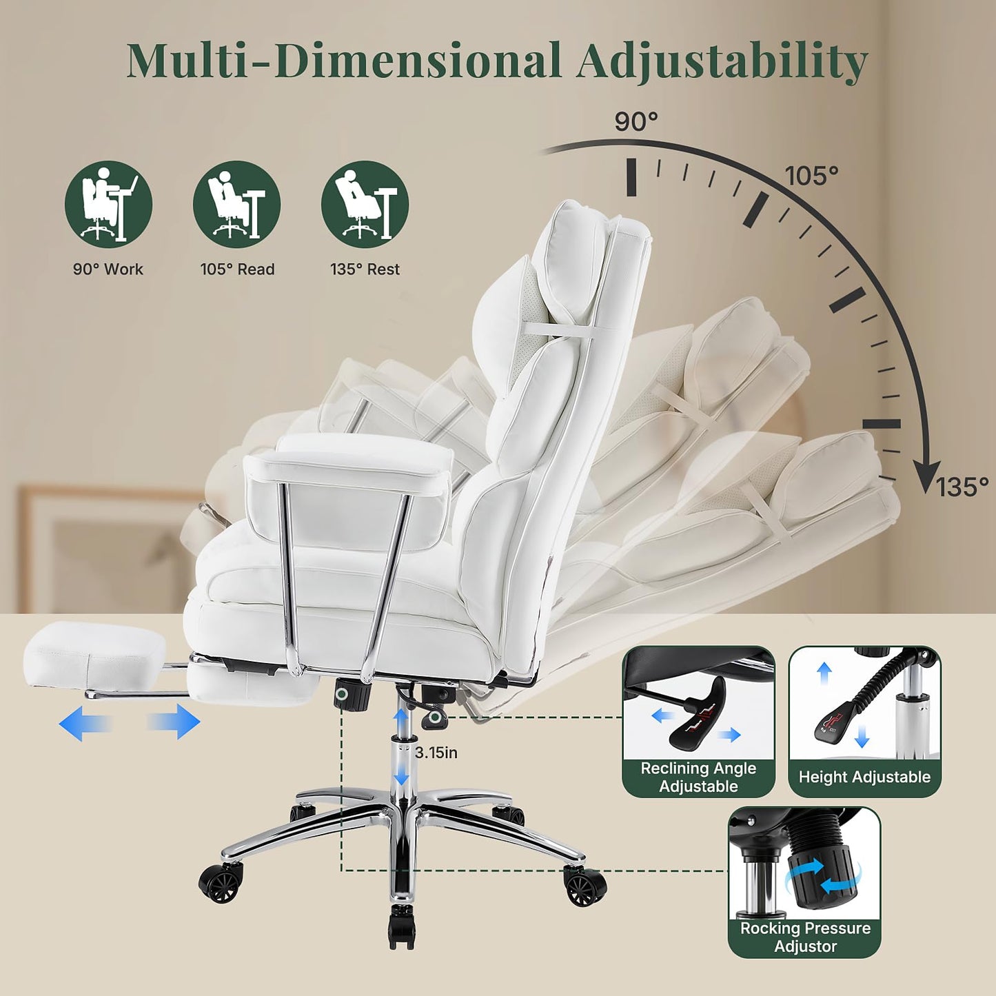 HAPPYMONT Executive Ergonomic Office Chair, PU Leather High Back Reclining Office Chair with Footrest and Lumbar Support, Height Adjustable Rolling Swivel Computer Chair for Home Office,White