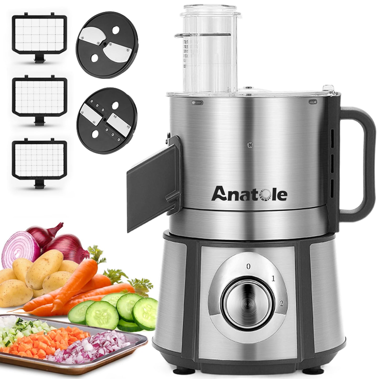 Anatole Electric Vegetable Dicer Slicer Shredder 5 in 1 Commercial Food Processor 16-Cup Stainless Steel Veggie Chopper Heavy Duty with 5 Blades Auto Discharge for Potato Onion Carrot 300W