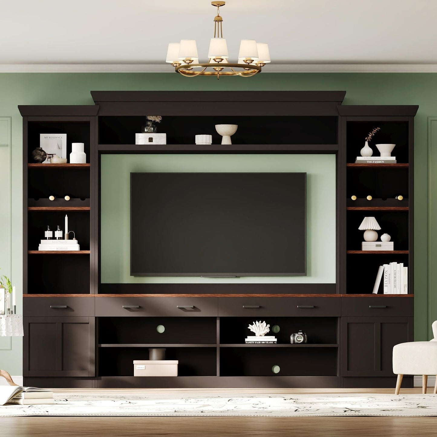 Merax Minimalist Entertainment Wall Unit Set with Ample Storage Space and Adjustable Shelves, TV Stand for Televisions Up to 70'', Mid-Century Large Media Console with Wine Rack for Living Room, Black