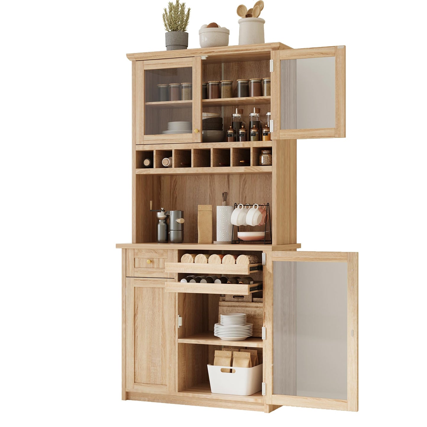 Merax 35.4"x17.7"x74.8" Farmhouse Freestanding Buffet with Hutch, Kitchen Pantry Storage Cabinet with Wine Rack and Adjustable Shelves for Dining Room, Natural