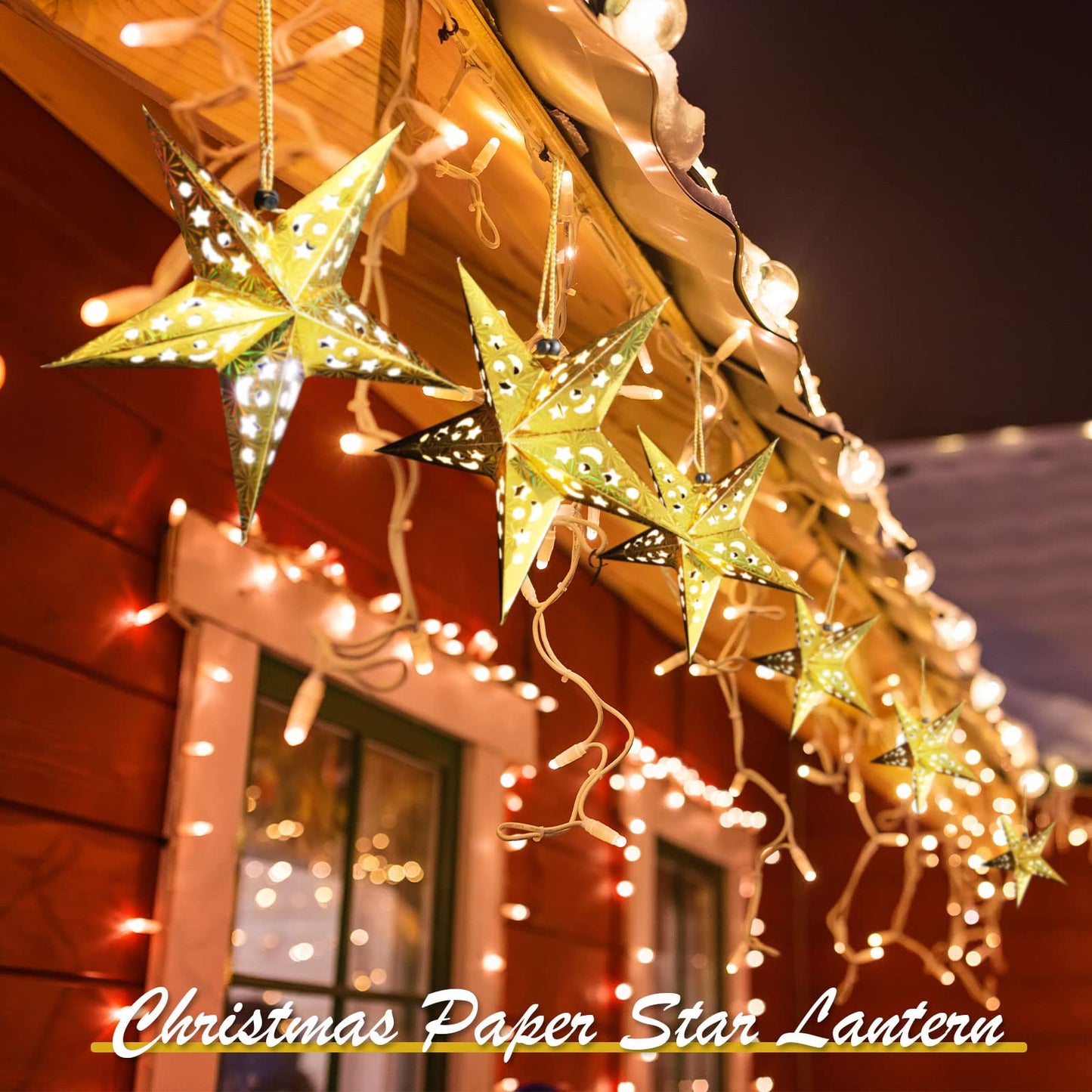 Zhanmai 3D Paper Star Lanterns with LED Lights, 11.8 Inch, Gold, 10 Pcs, Model Zhanmai-Lampshade-09, Christmas Hanging Decoration