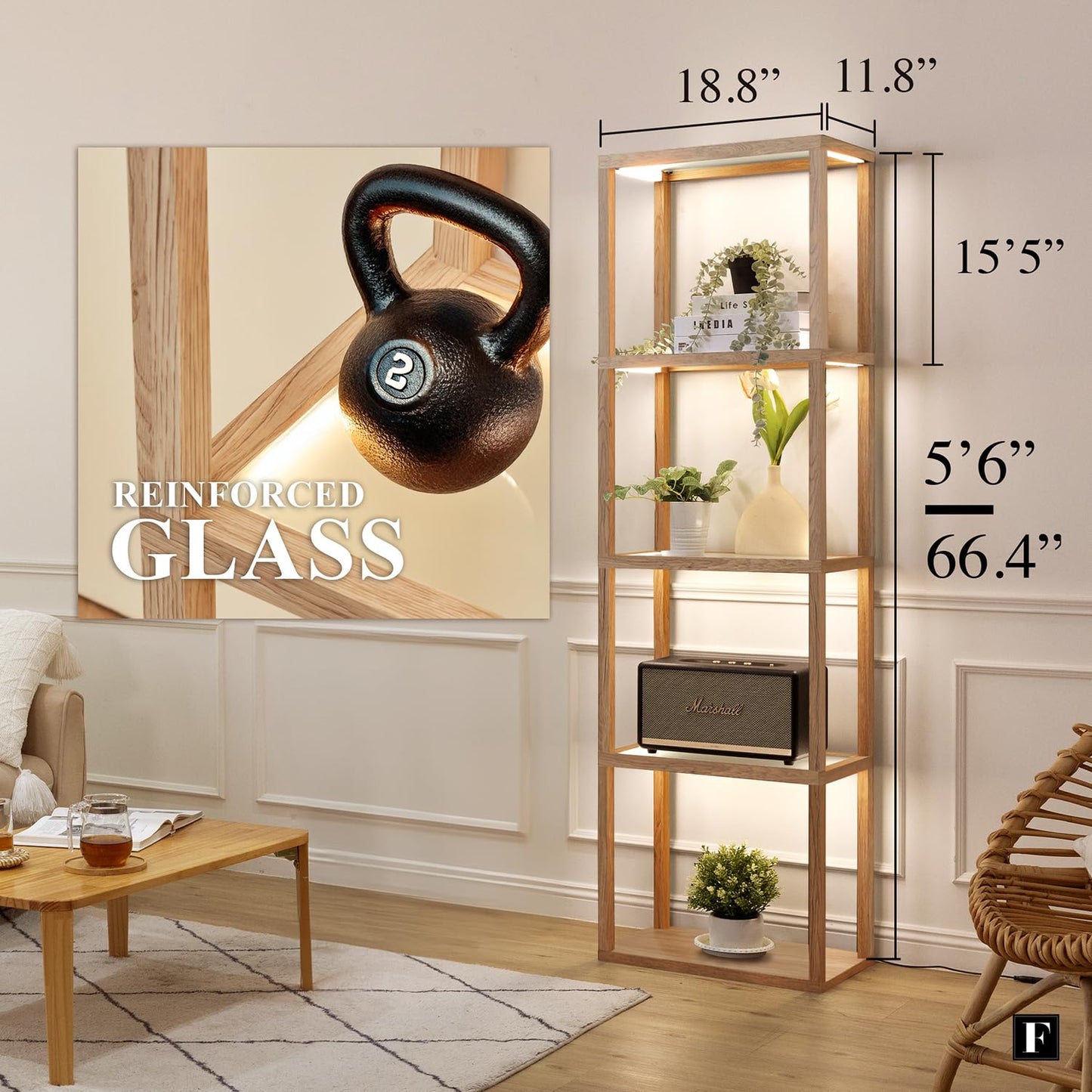 FENLO Fantasy Plus 66" Luxury Glass Display Shelf, Rustic Wood