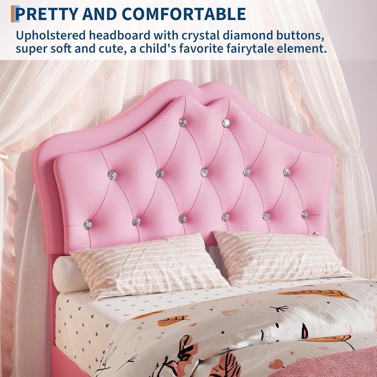Garvee Twin XL Size Bed Frame with LED Lights & Velvet Crystal Button Headboard, Upholstered Boy Platform Bed with Storage Drawer, Noise Free, No Box Spring Needed for Kids, Teens, Pink