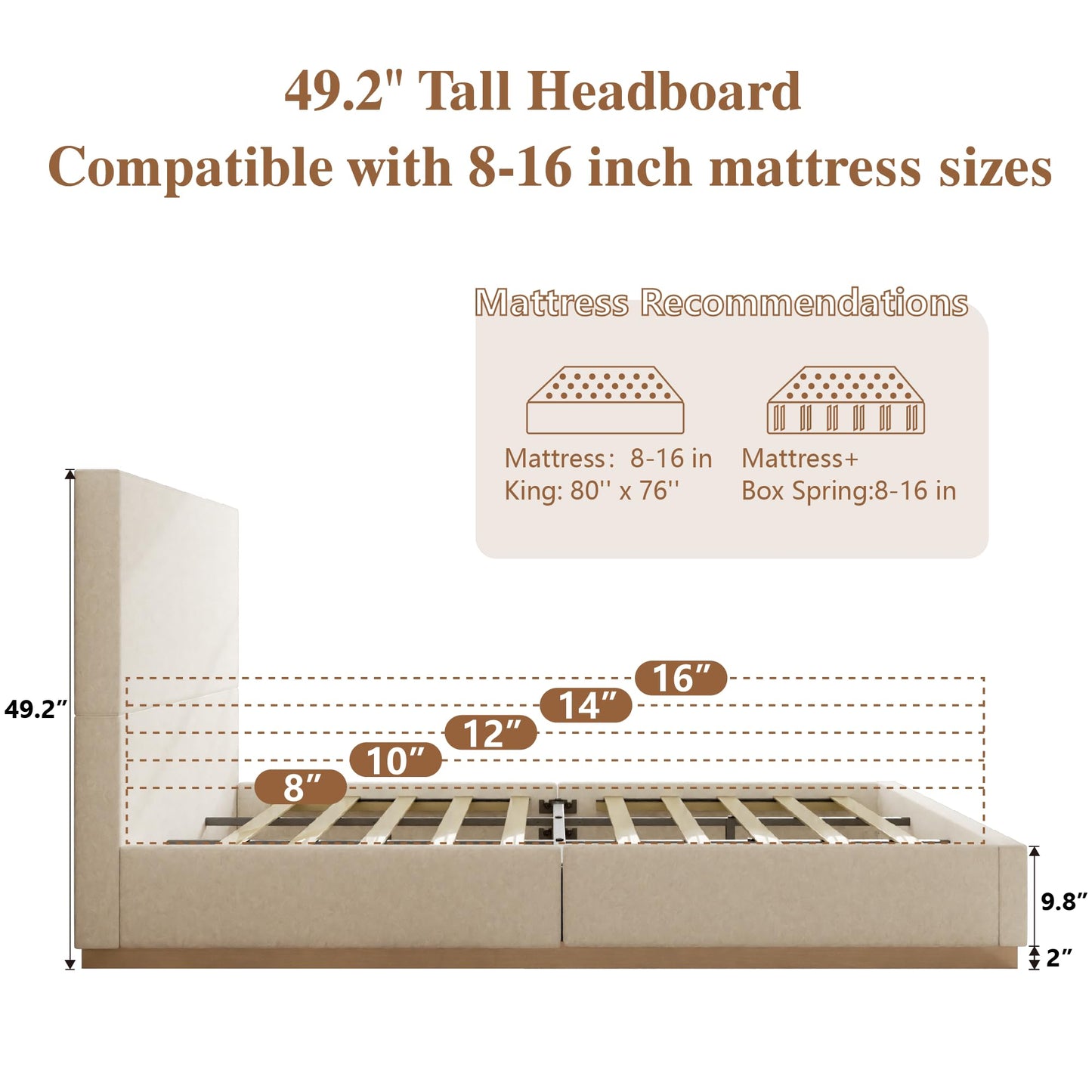 wirpexhowak Queen Size Platform Bed Frame with Headboard, Velvet Grounded Bed with Wood Slats, Heavy Duty Mattress Foundation, Box Spring Option, Noise-Free, Easy Assembly, Beige