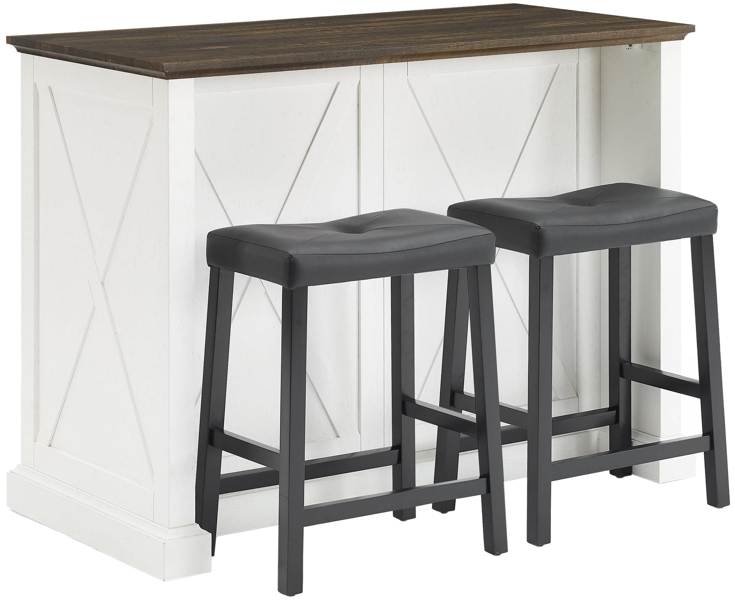 Crosley Furniture Clifton Kitchen Storage Island, Microwave Stand, Coffee Bar and Set of 2 Upholstered Saddle Stools, Distressed White/Black