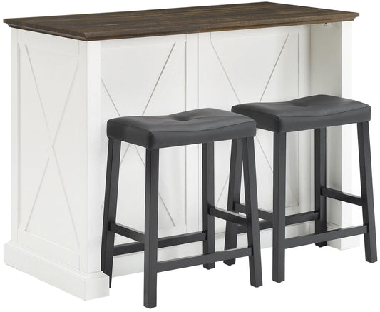 Crosley Furniture Clifton Kitchen Storage Island, Microwave Stand, Coffee Bar and Set of 2 Upholstered Saddle Stools, Distressed White/Black