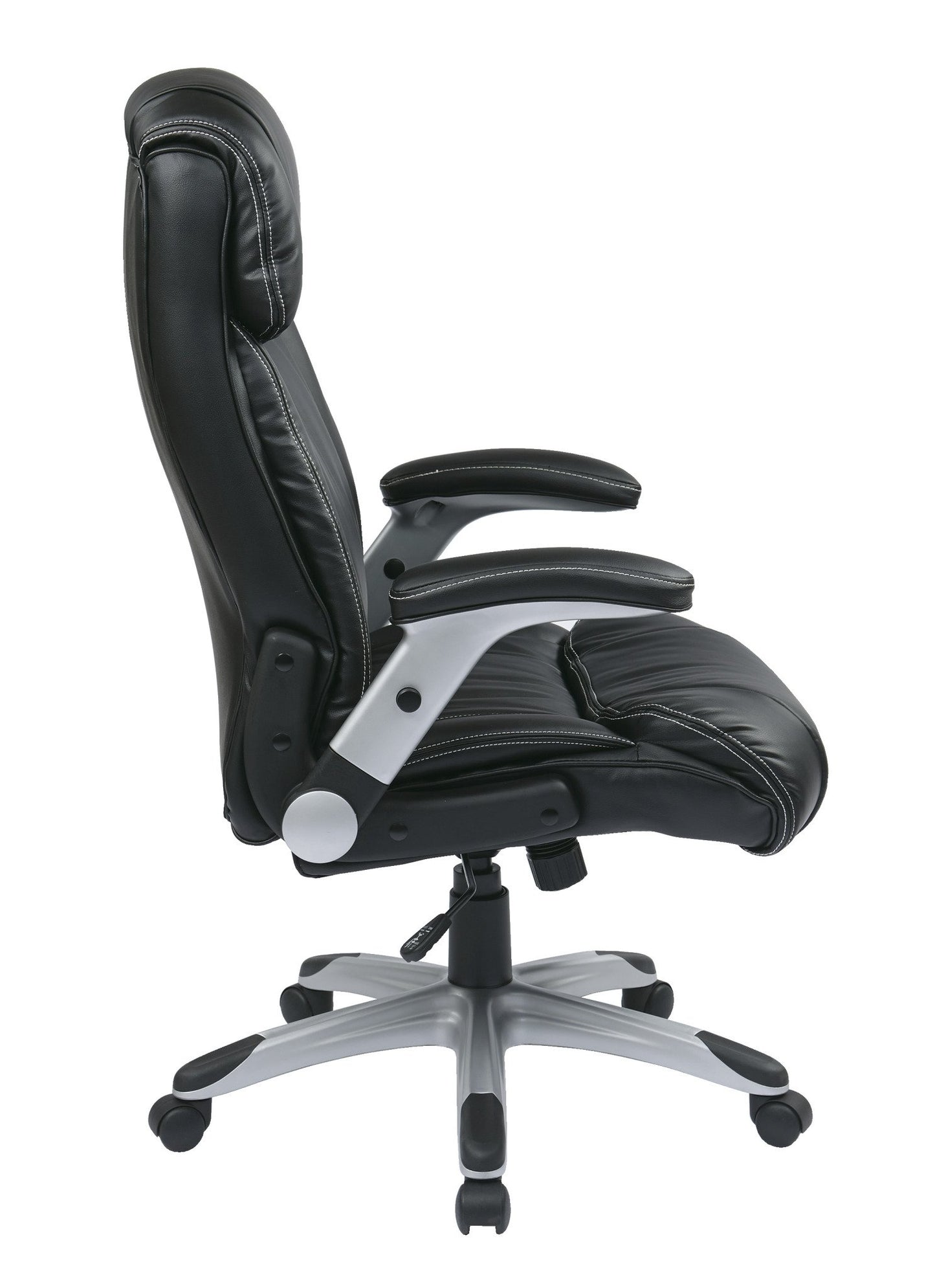 Office Star ECH Series High Back Executive Bonded Leather Office Chair with Adjustable Padded Flip Arms, Black with Silver Coated Base