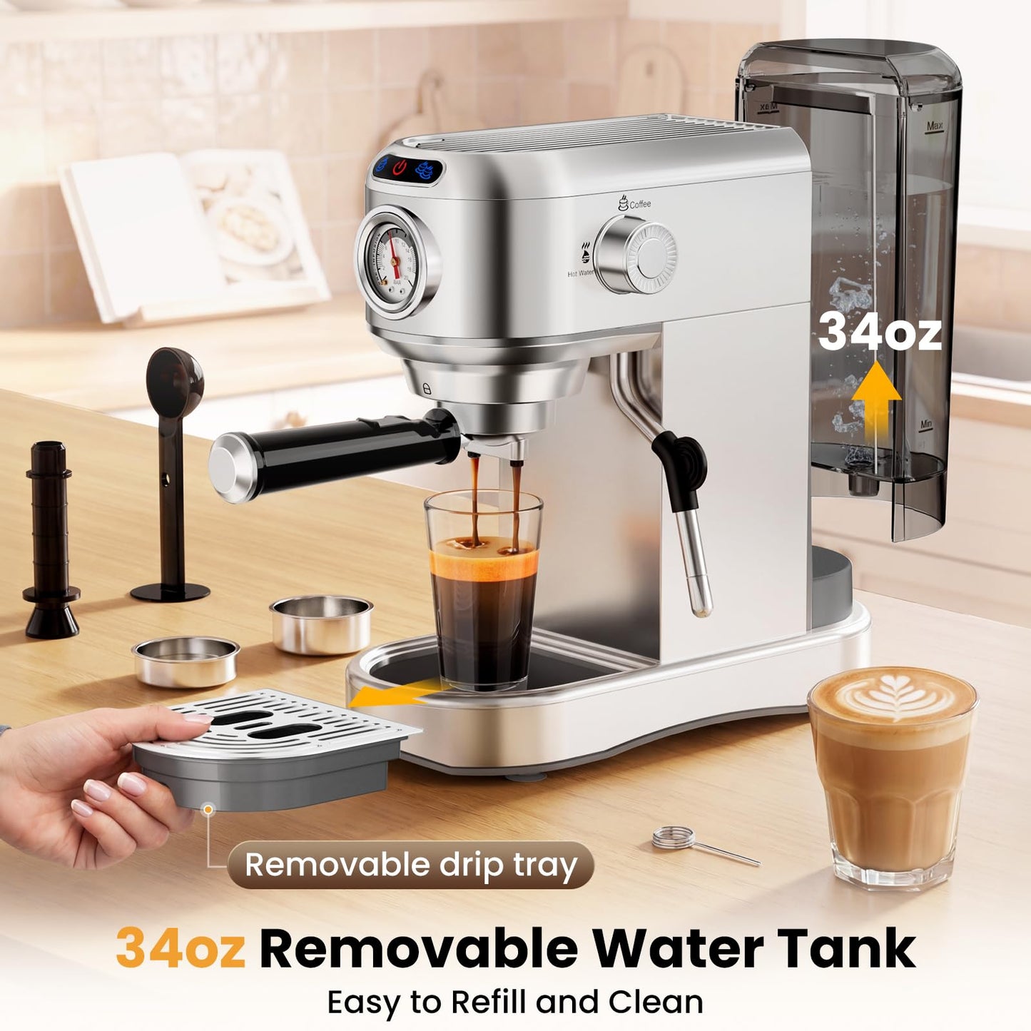 Espresso Machine 20 Bar, Compact Espresso Coffee Machine with Milk Frother, Stainless Steel Coffee Maker with 34oz Removable Water Tank, Cappuccino Machine for Home, Office, Fathers Day Dad Gifts
