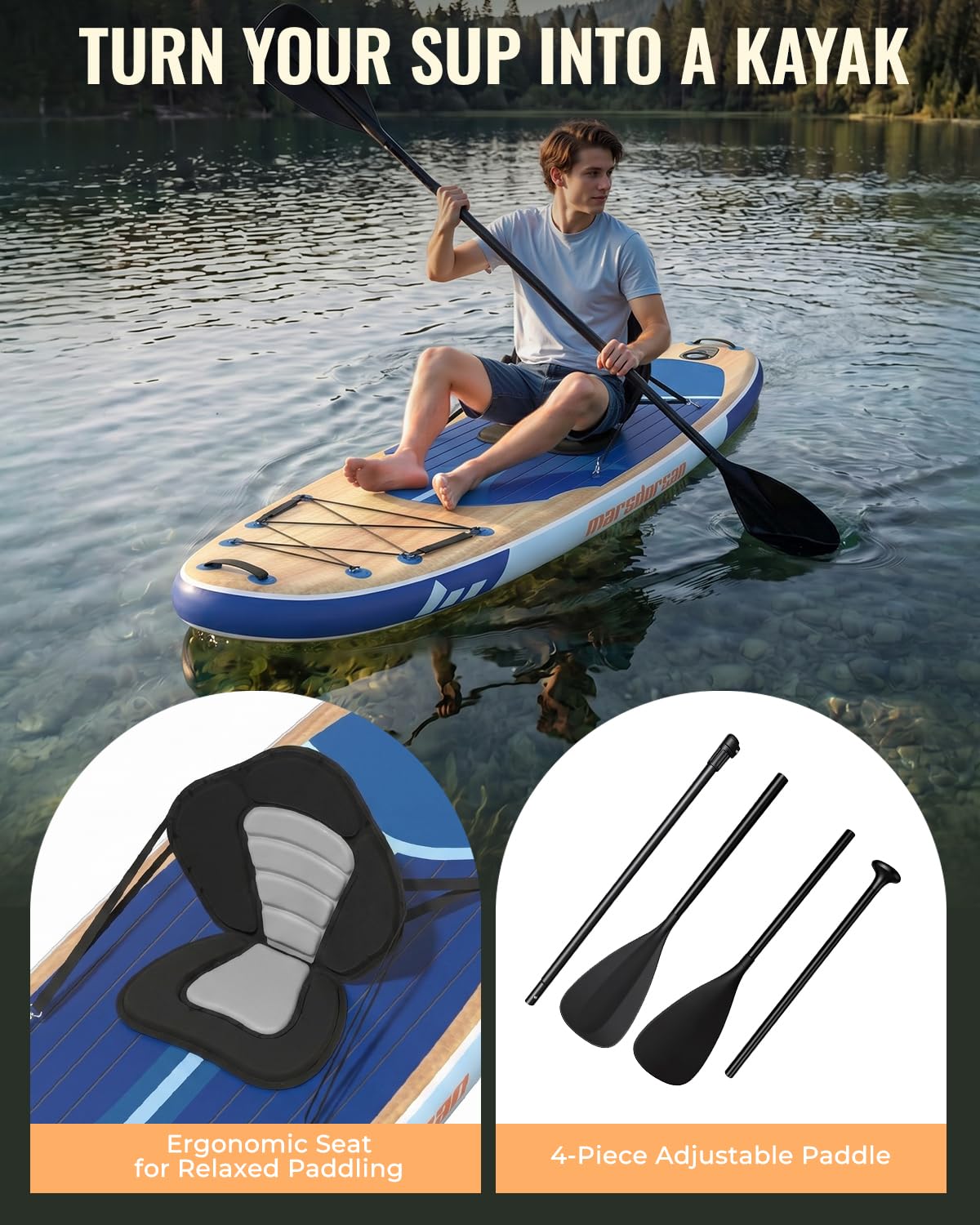 Marsdorgan 11' Inflatable Paddle Board Light Oak w/Seat | Extra Wide SUP Non-Slip for Adults Youth | Stable for Lake Ocean, 2-Blade Paddle + 10L Dry Bag Included