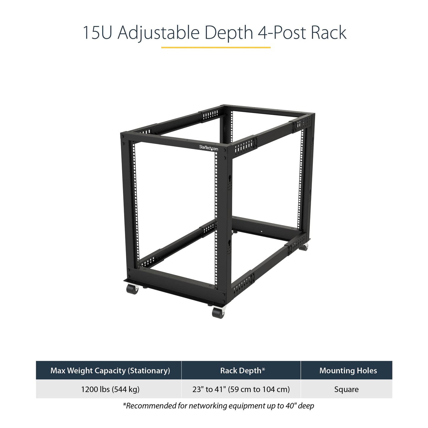 StarTech 15U 4-Post Server Rack, 19in Open Frame Rack with 40in (101cm) Mounting Depth and 1200lb (544kg) Weight Capacity, Mobile or Floor Mount IT Rack