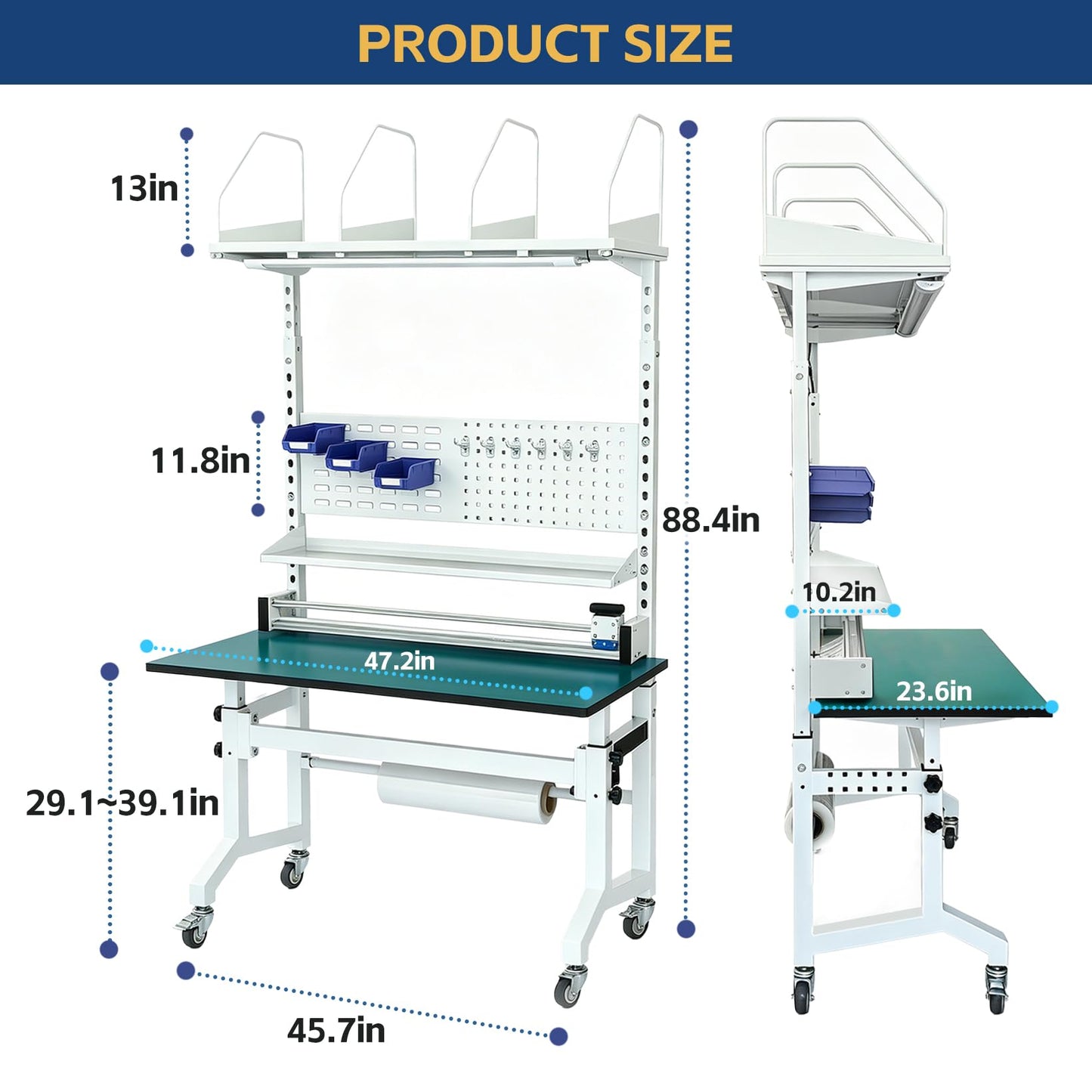 NEESEEYEE E-Commerce Packing Table, Mobile Iron-Wood Shipping Station with Built-in Power & LED, Ergonomic Standing Workbench with ESD Surface, Tape Dispenser & Storage Shelves, 1400 LBS