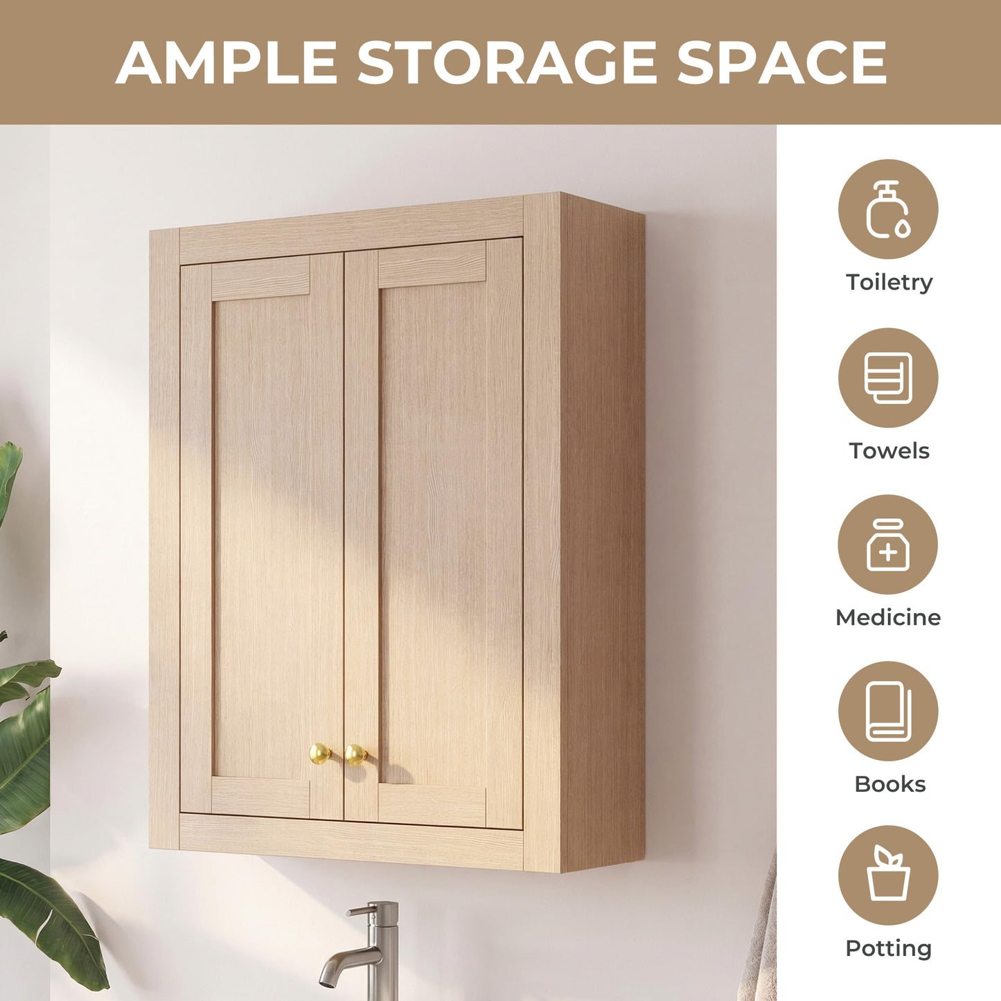 HIGEINE Bathroom Wall Mount Cabinet 24" W x 33" H, Natural Wood