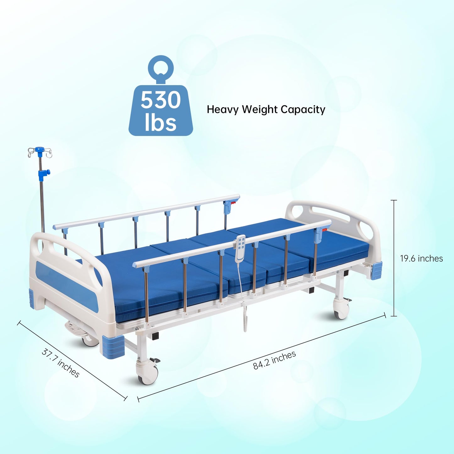 Real Relax Premium 2 Function Full Electric Hospital Bed, ICU Electric Medical Bed with 4 inch Foam Mattress & IV Pole, Dining Table Board and 5 inch Locking Casters, 530LBS Loading.