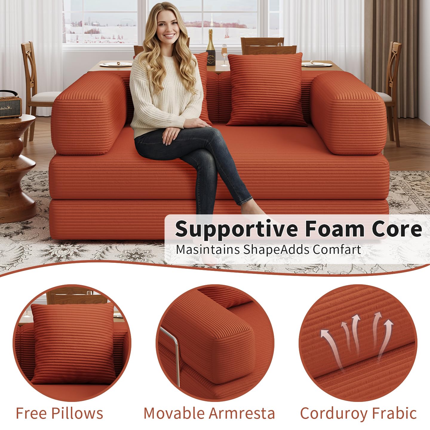 Convertible Futon Sofa Bed, 2 Seater Corduroy Floor Queen Size Bed Foldable Sleeper Lounge Boneless Loveseat Couch with 2 Throw Pillows for Living Room Bedroom Guest Room(Orange, 53.15"Double Sofa)