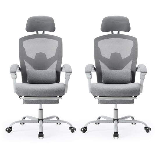Sweetcrispy Office Computer Desk Chair Set of 2, Ergonomic High-Back Mesh Rolling Work Swivel Chairs with Wheels, Comfortable Lumbar Support, Comfy Arms for Home, Bedroom, Study, Student, Light Grey