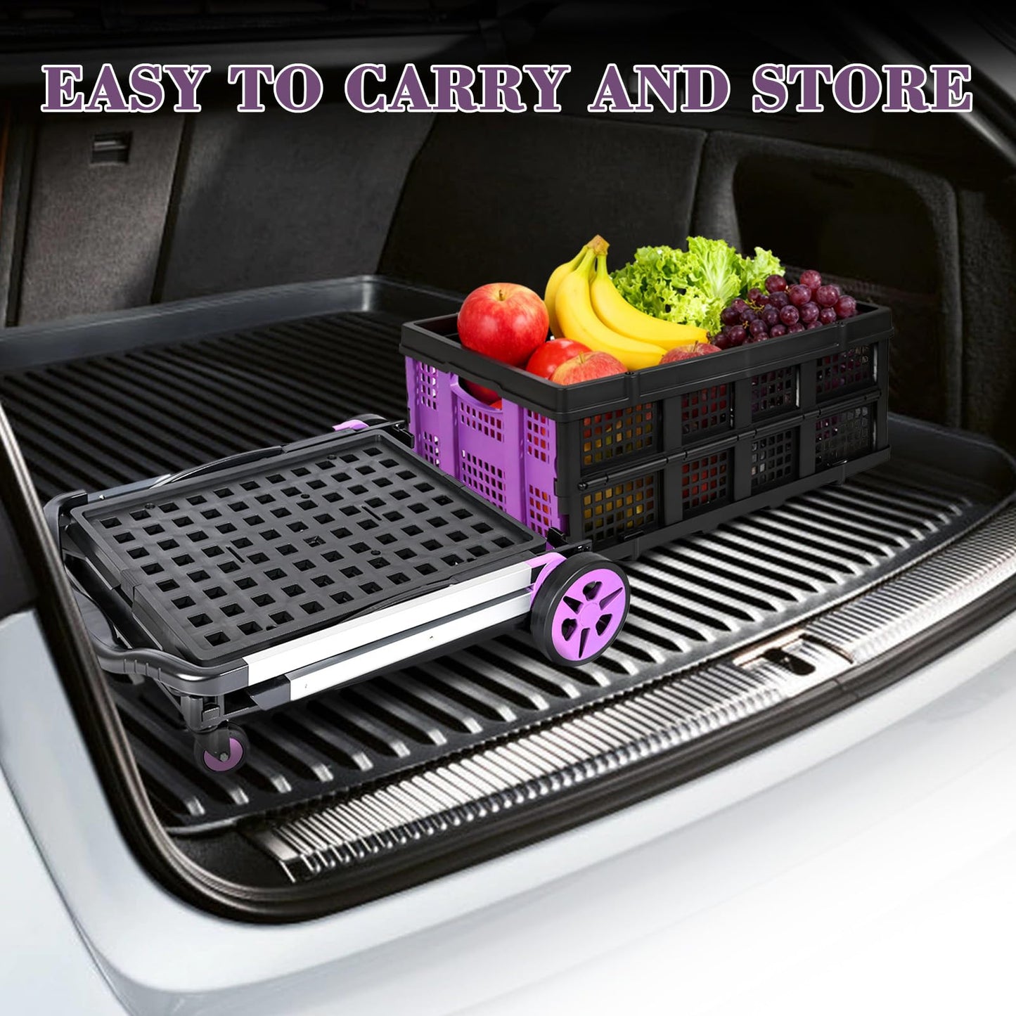 Collapsible Shopping Cart on Wheels, Folding Shopping Cart with 360° Swivel Wheels, Multi Use Utility Cart Adjustable Portable Trolley with 2 Storage Crate, Used for Picnic, Supermarket, Purple