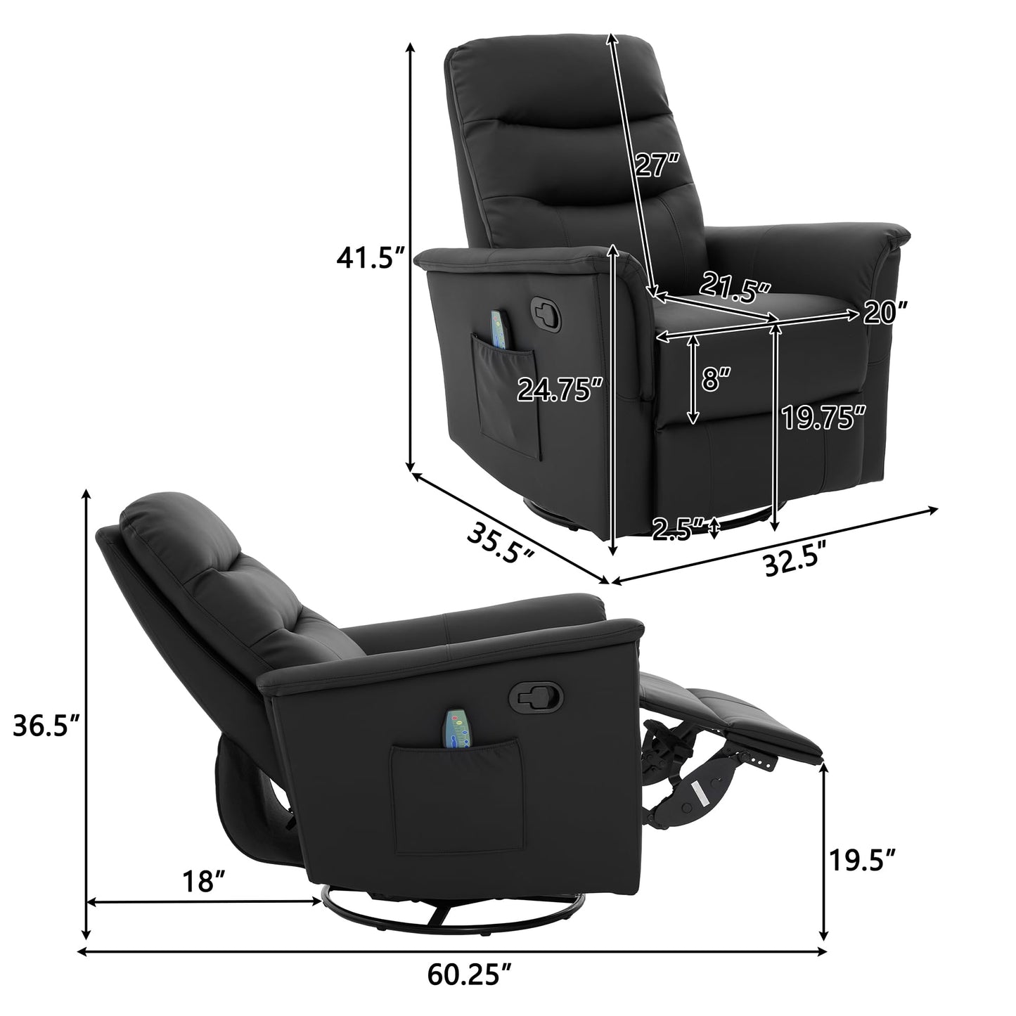 Merax Manual Recliner Chair Rocking & 270° Swivel Recliner with 8-Point Massage Function and Adjustable Backrest, Brown PU Leather Recliner for Living Room, Nursery, Bedroom, Black
