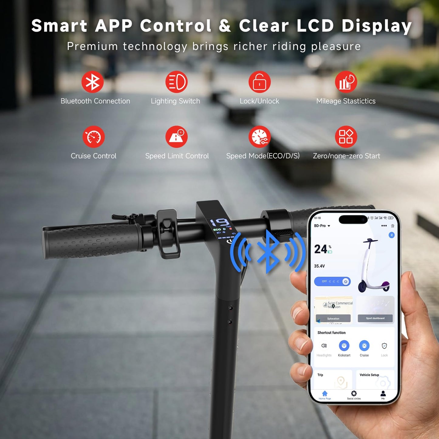 Qlaway 8.5" Electric Scooter for Adults Dual Shock absorbers 19 MPH 350W Motor,Four Modes E Scooter 15 Miles Range, Foldable,APP Control