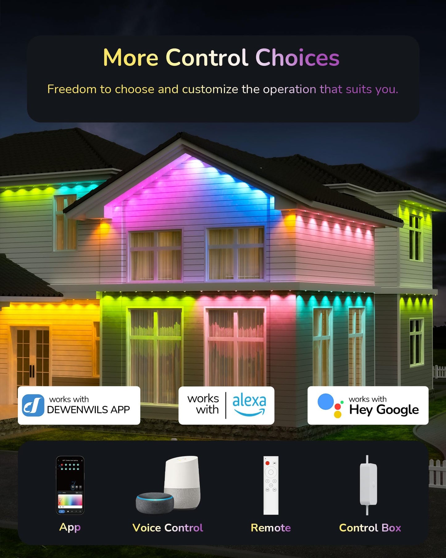 EDISHINE 60ft Outdoor Eave Lights, 40 LED RGBW+Warm/Cool White, Model OL06, Smart Control, IP67, 50 Scene Modes