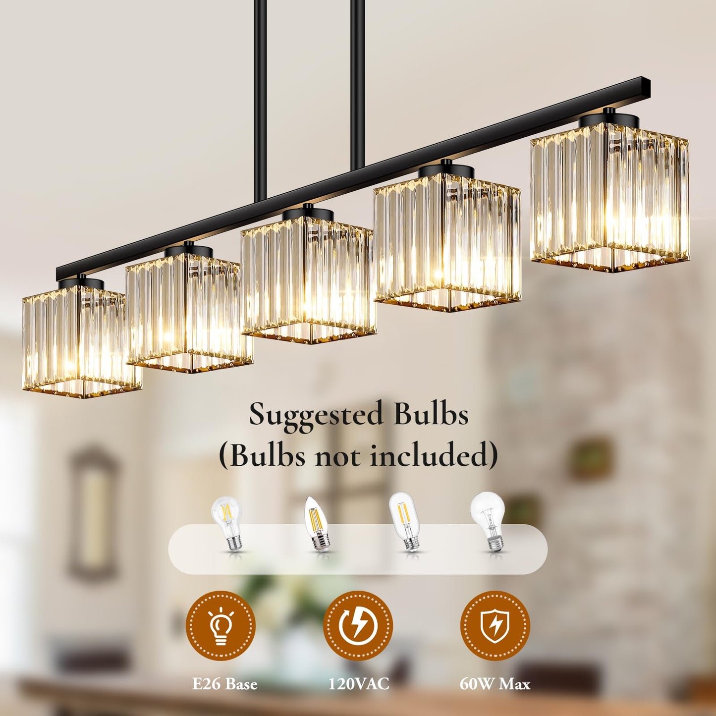 BesLowe Kitchen Island Lighting Linear Chandelier K9 Crystal Black Metal Model L2028-5BK