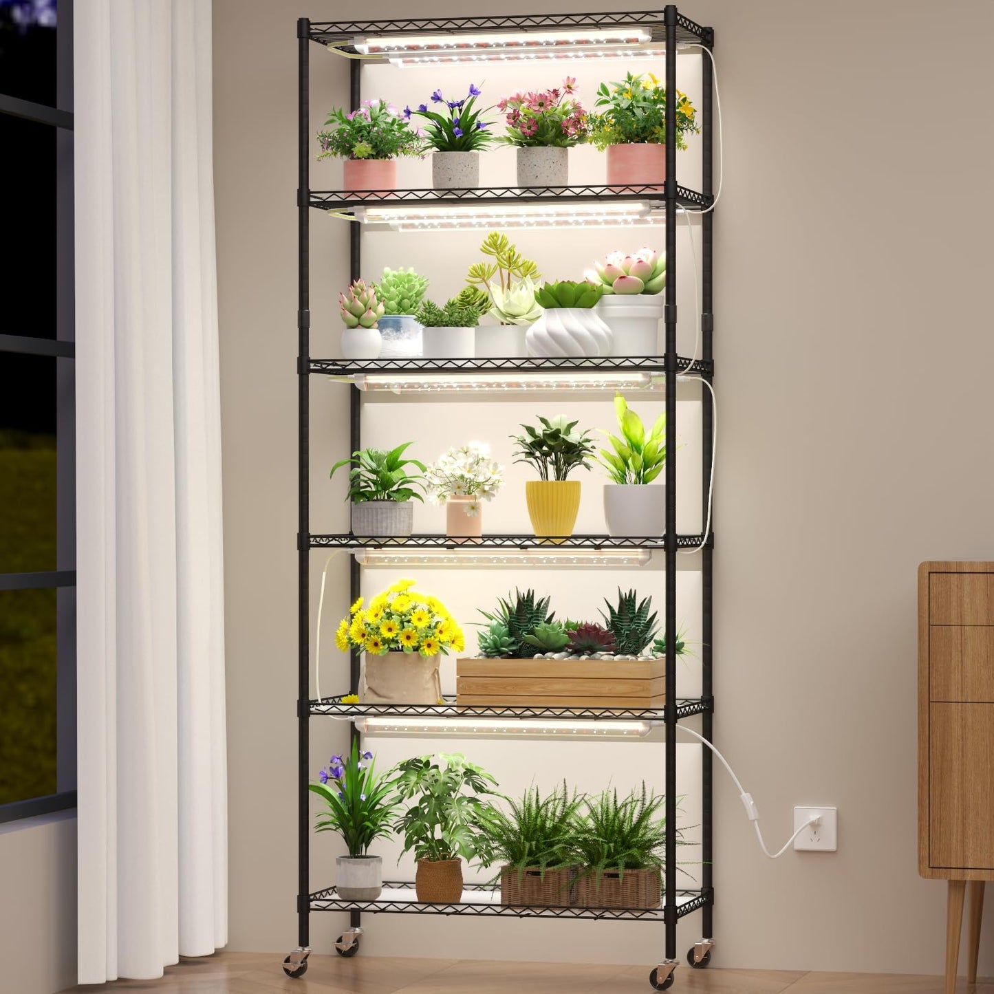 Gaudeoo Plant Stand with Grow Light, 6-Tier DIY Plant Shelf with Grow Lights for Seedlings, Greenhouse, Indoor, 8 Pack 5000K 192W LED Full Spectrum Growing Lamp with Rack, Wheel, 29"x13.5"x73.5"