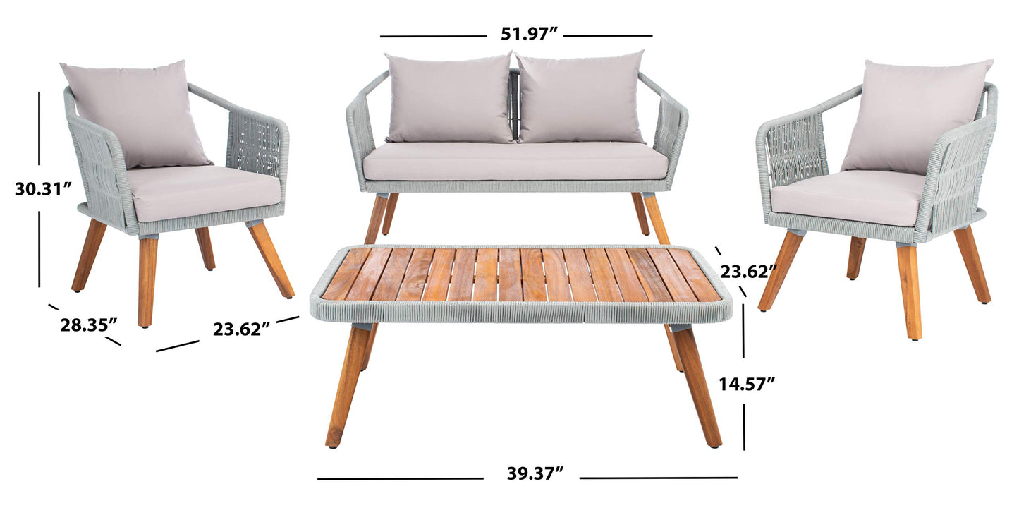 SAFAVIEH Outdoor - Raldin Grey Rope 4-Piece Patio Set, Eucalyptus Wood Conversation Set with Cushions, Outdoor Sofa, Chairs & Coffee Table (PAT7049C)