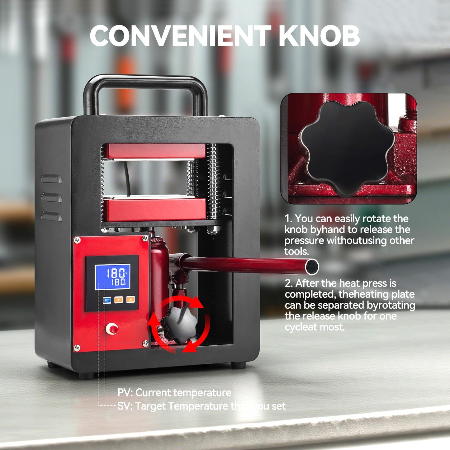 D9A91 5 Ton Portable Hydraulic Heat Press Machine 2.3 x 4.7 Inch Dual Heating Plate, red/black
