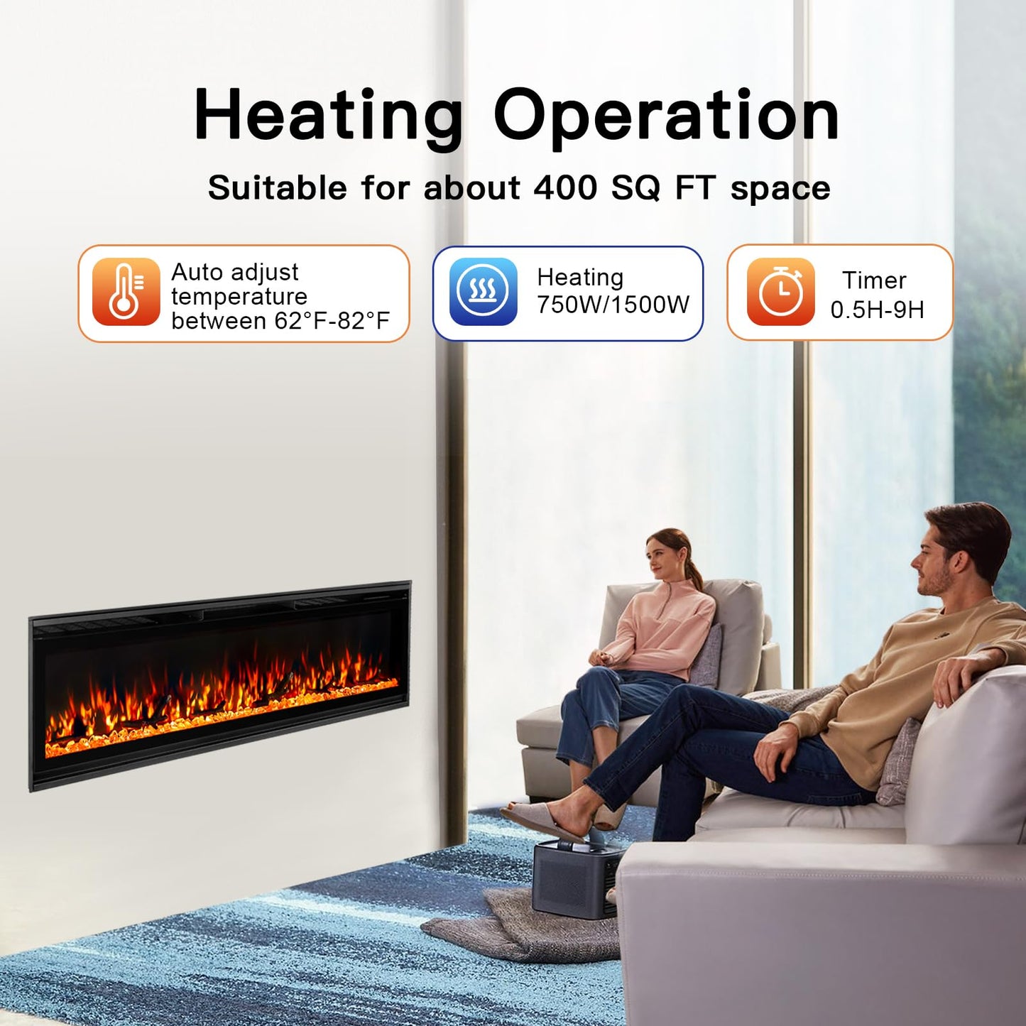 TUAN 60 Inch Electric Fireplace,Ultra-Thin Electric Fireplace Inserts,Recessed & Wall-Mounted Fireplace, Adjustable Flame, Remote Control - Linear with Timer, 750/1500W