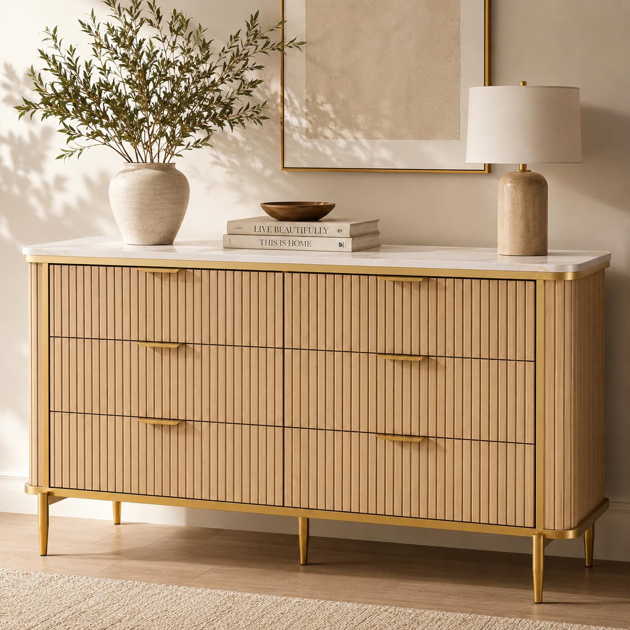 OneBlis 55.1" W 6 Drawer Dresser for Bedroom, Modern Fluted Wood Dresser with Marble-Look Top and Gold Accents, Double Chest of Drawers Storage Cabinet for Closet, Living Room, Entryway, Natural Oak