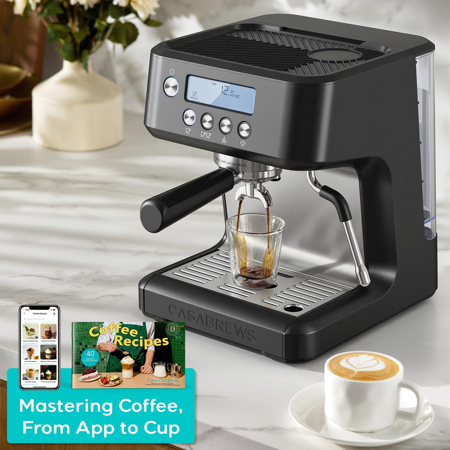 CASABREWS Ultra Espresso Machine with LCD Display, 20 Bar Espresso Maker with Powerful Milk Frother, Customizable Brewing Temperature, Barista-Level Latte and Cappuccino Machine for Home, Black