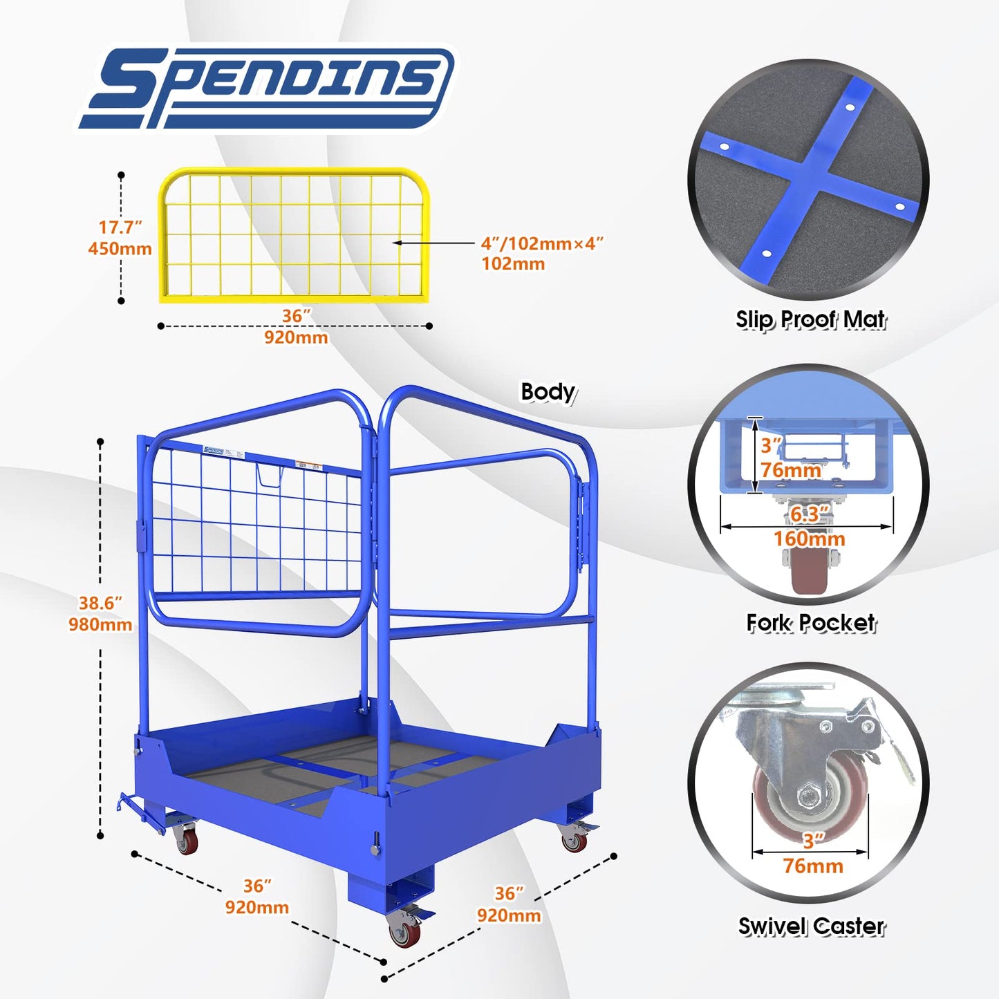 36.2"x36.2" Forklift Safety Cage, Foldable Work Platform 1152LB, Safe Man Basket Construction Lift Basket of Heavy Steel with Four Guardrails and Four Swivel Casters for Aerial Work