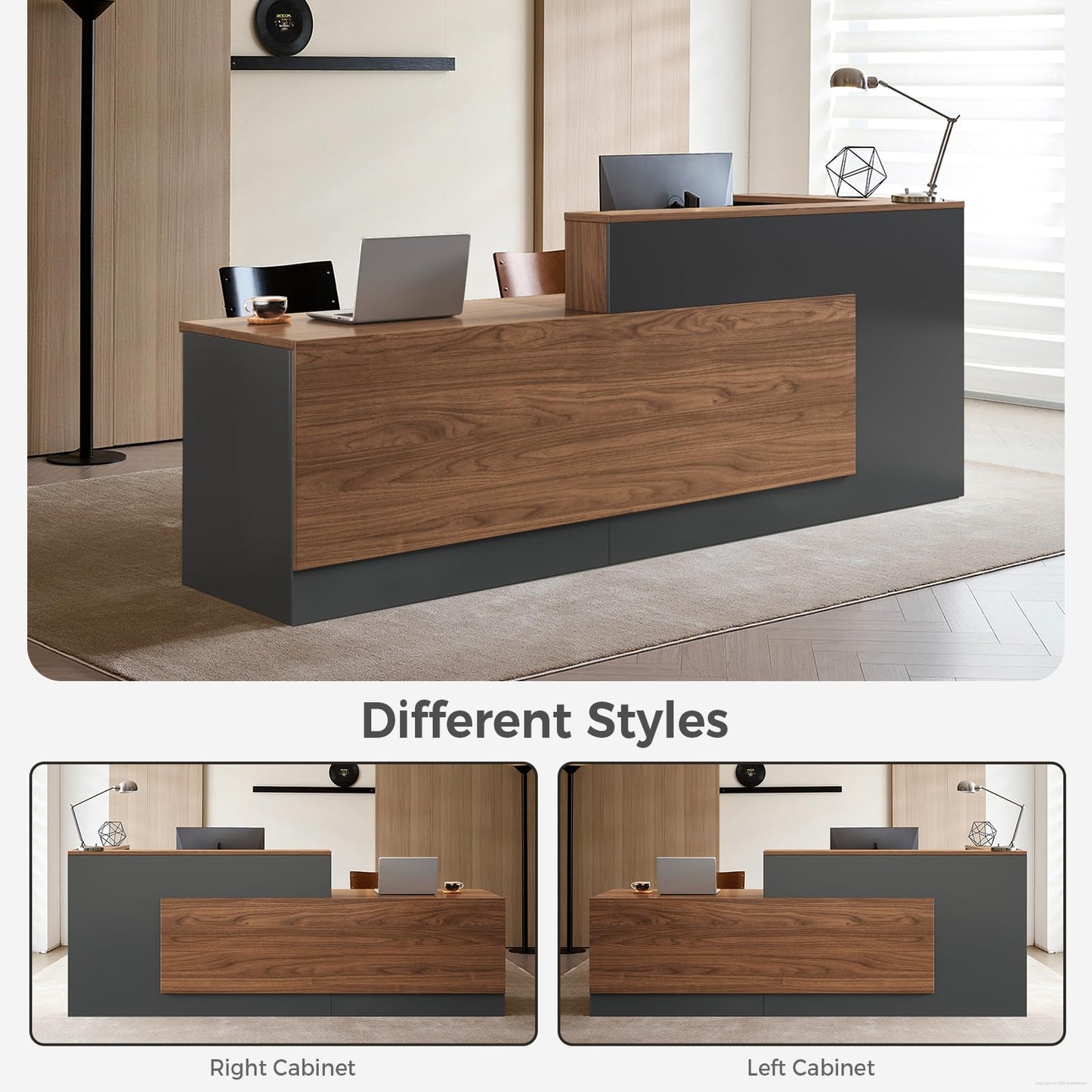 Huariifowm 87" L-Shaped Reception Desk with Counter, Front Desk with Lockable Drawer, Keyboard Tray & Shelves for Salon, Clinic, Retail & Office Lobby, Iron Gray & Walnut Brown, Left Cabinet