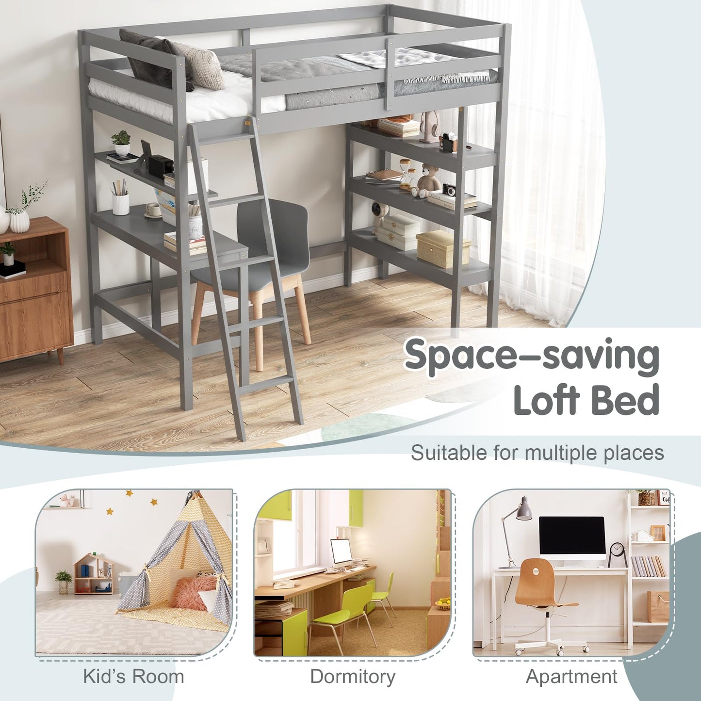KOTEK Twin Loft Bed with Desk & Storage Shelves, Solid Wood Loft Bed Frame with Bookcase, Ladder, Guardrails, Twin Size Loft Bed for Kids, Teens, Drom, Apartment (Grey)