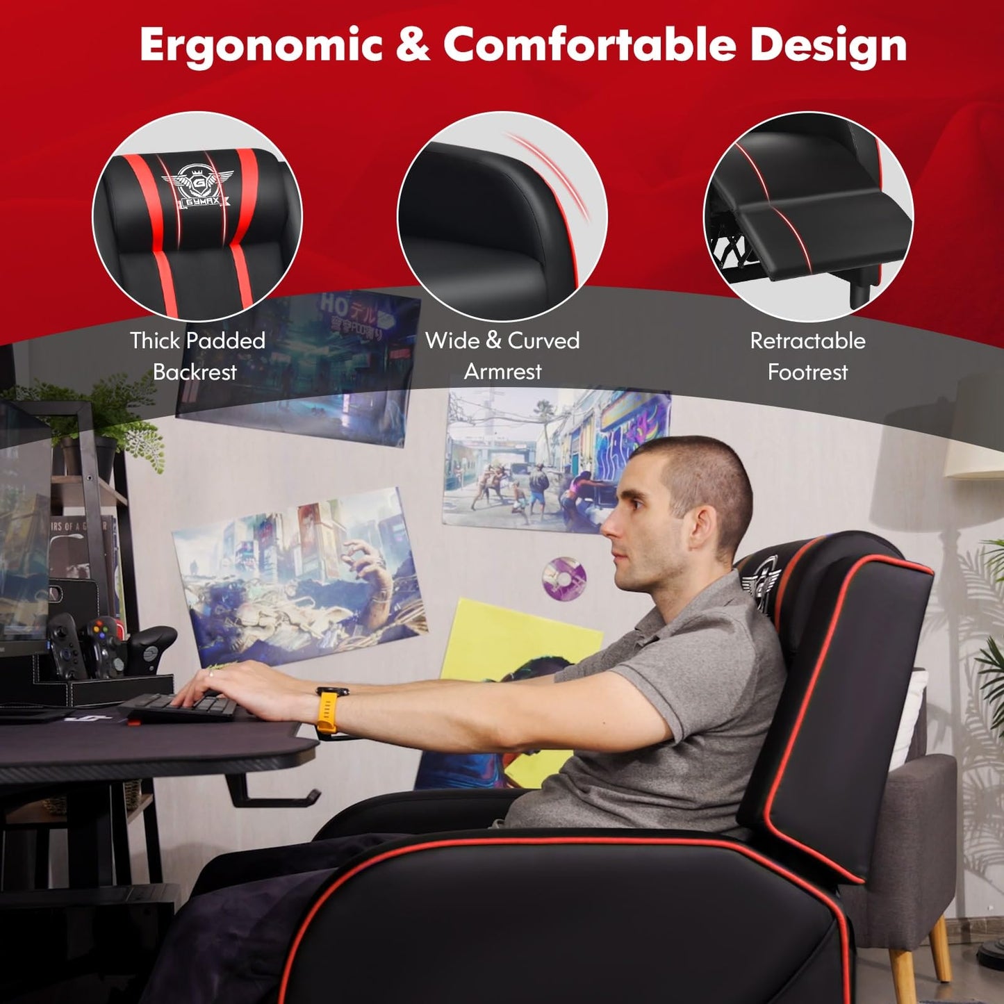 GYMAX Gaming Recliner, Massage Gaming Chair with Adjustable Footrest, Remote Control & Side Pocket, Ergonomic Game Lounge Chair, Racing Style Single Theater Seat Game Sofa for Adults (Red)