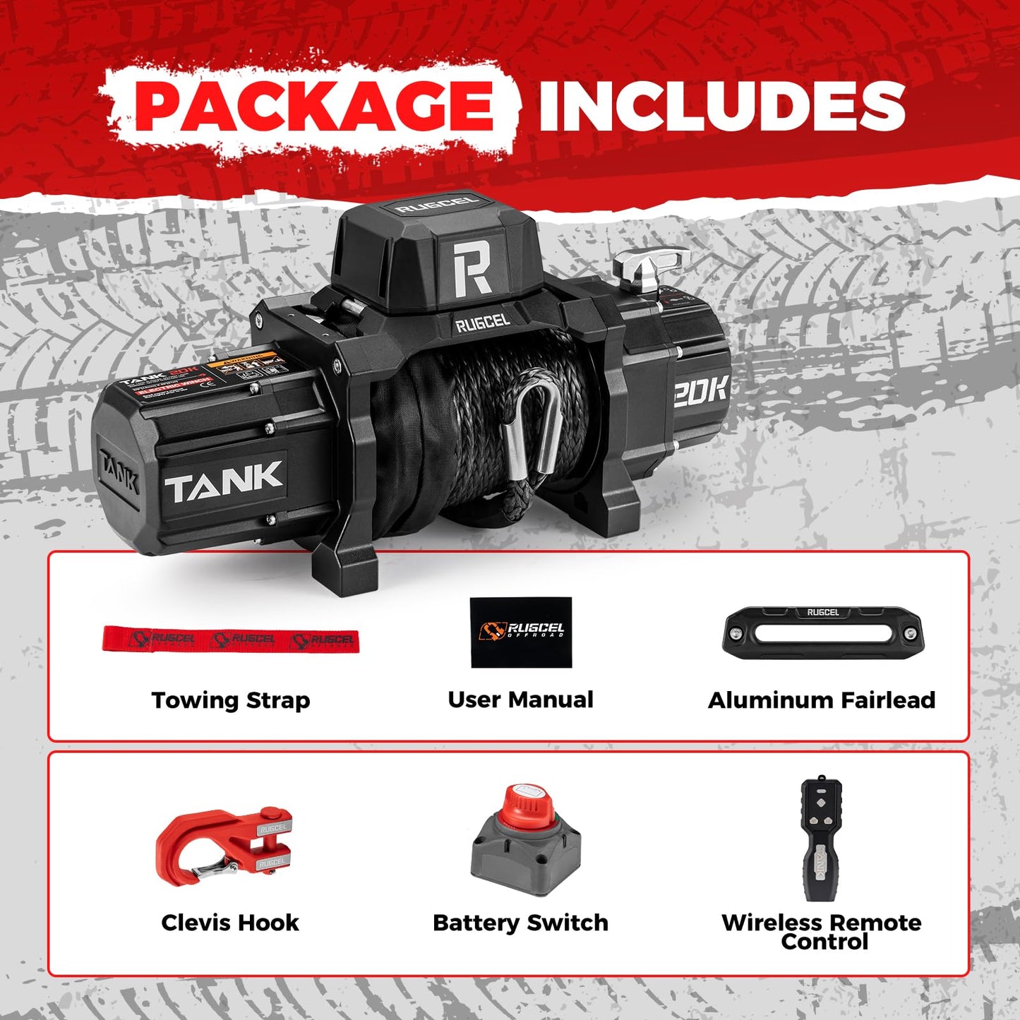 RUGCEL WINCH 20000lb 12V Heavy Duty Truck Winch Waterproof Electric Synthetic Rope Winch,Black Rope,2 in 1 Wireless Remote Control, for Truck SUV, Recreational Vehicle,Tank Series.