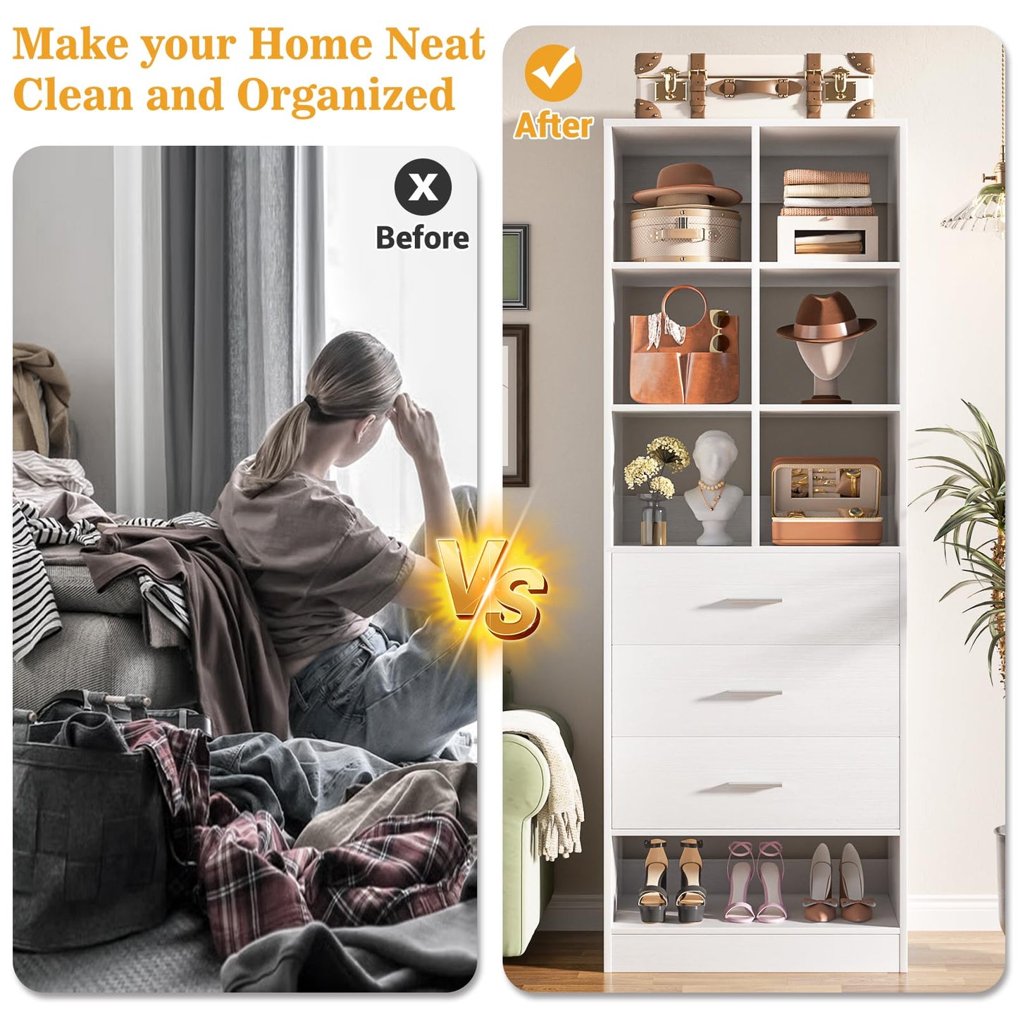 Homieasy Closet System Organizer with 3 Drawers and Partition Storage, Freestanding Wardrobe Organizer Modular with Shoe Shelf, Expandable for Walk-in or Reach-in Closets, White