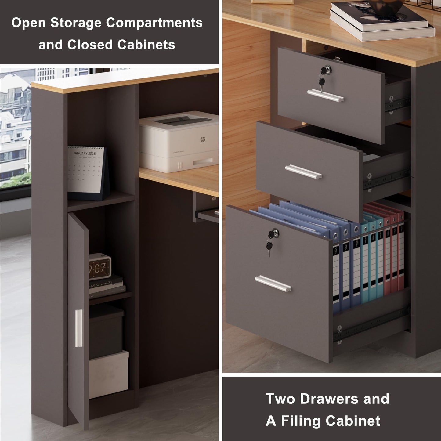 L-Shaped Reception Desk with Lockable Drawers, Adjustable File Cabinet & Keyboard Tray, Modern Front Counter for Office, Salon, or Lobby (Right-L Natural Wood/Slate Gray, 70.9''L x 23.6''W x 41.3''H)