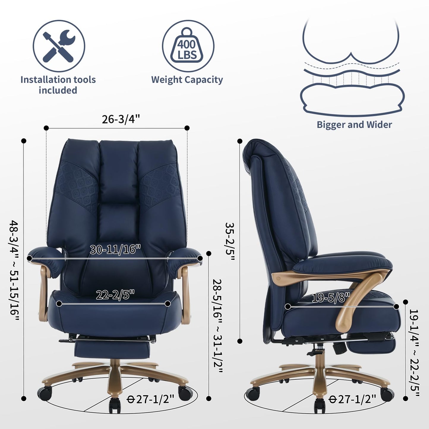 EXCEBET Big and Tall Executive Office Chair with Footrest, 400LBS Capacity Ergonomic High-Back Desk Office Chair with Lumbar Support, Padded Armrests & Thick Cushion, Blue PU Leather Chairs