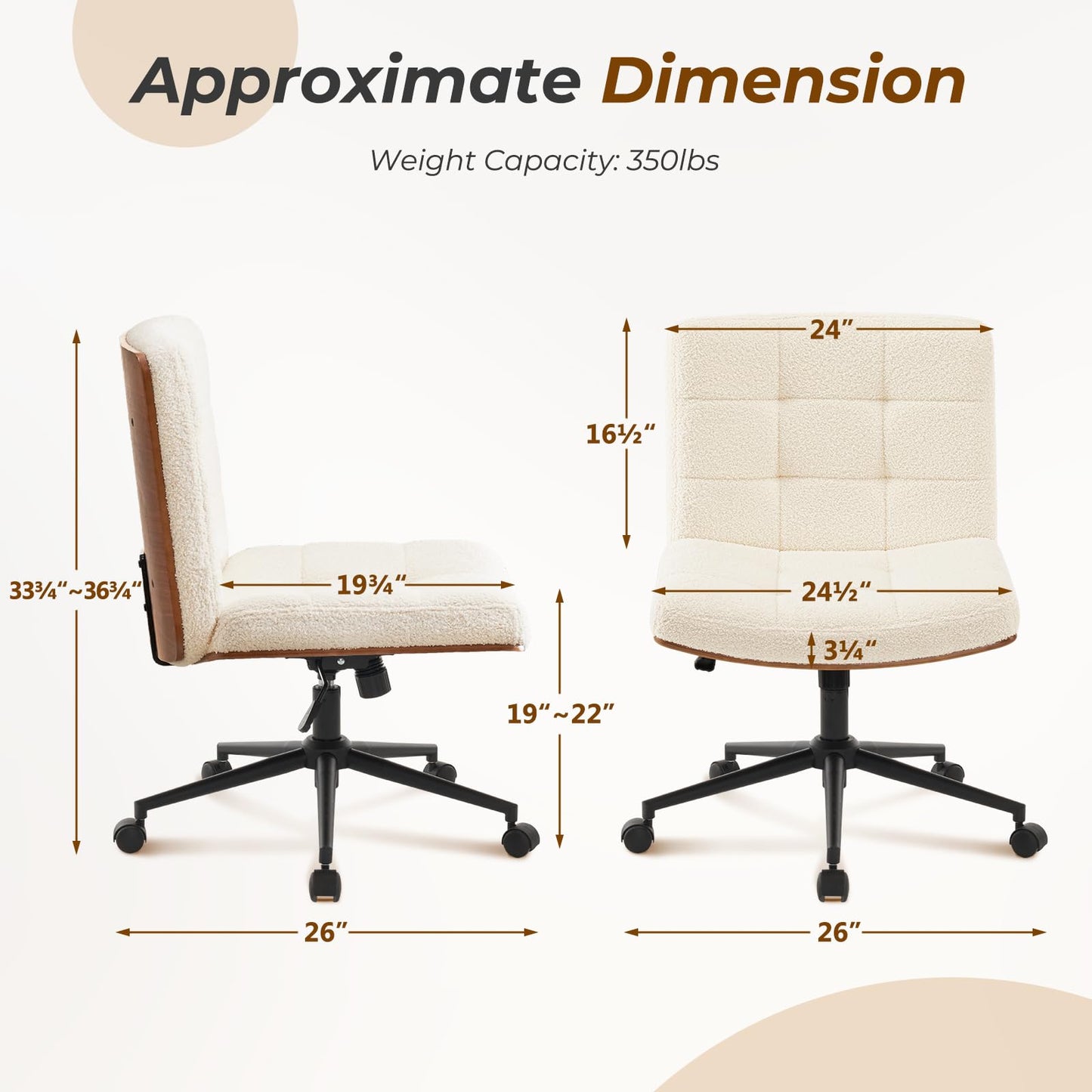 Furnimart Heavy-Duty FSC Wooden Wide Desk Chair, 360° Swivel Criss Cross Office Chair with Wheels, Comfy Cross Legged Sitting, Armless Rolling Chair for Bedroom, Office, Vanity (Faux Fur White)