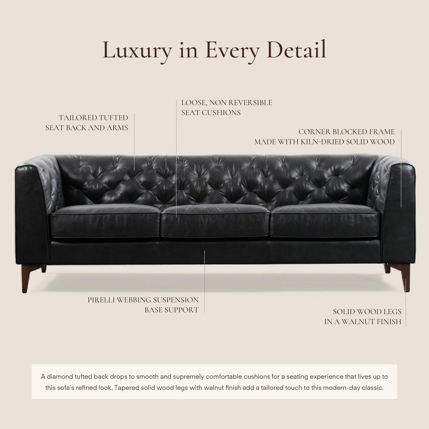 POLY & BARK Essex 89” Full-Grain Italian Leather Sofa – Tufted Back, Feather-Down Comfort, Solid Wood Frame, Onyx Black