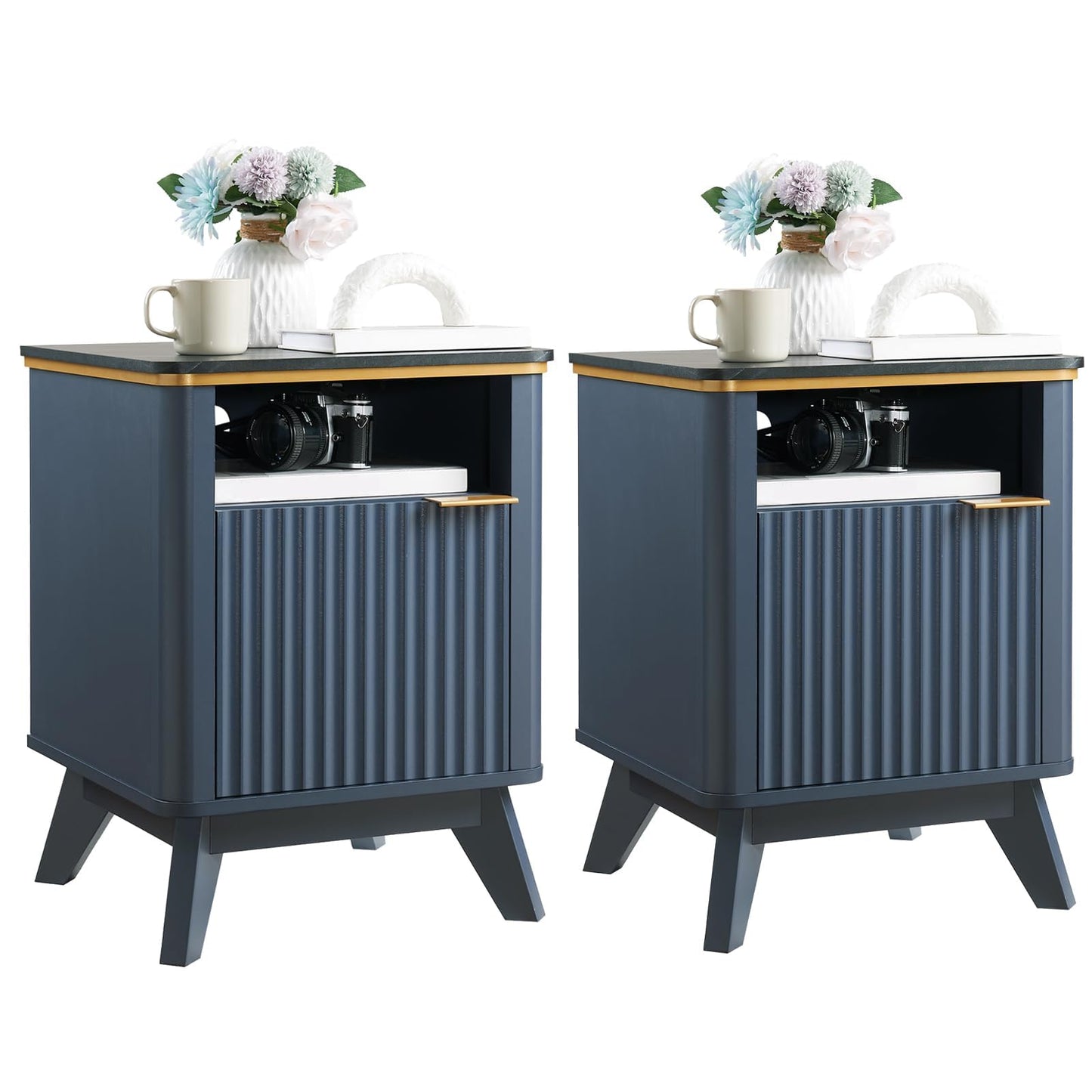 RNLRNL Fluted Nightstand Set of 2 with Charging Station, Bedside Table with Open Storage and Cabinet, 18" Modern Side Table, End Table for Bedroom, Living Room, Navy Blue
