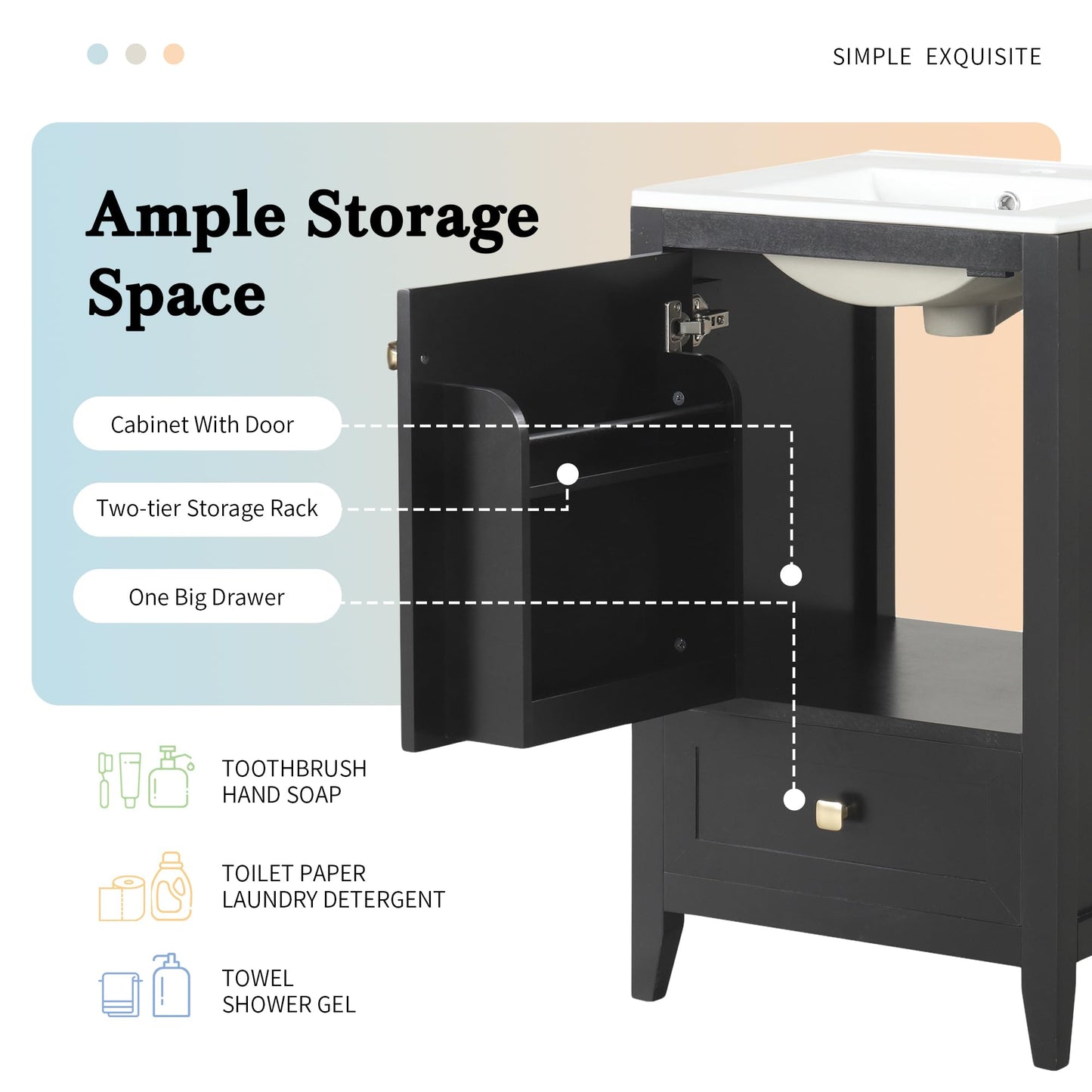 20" Bathroom Vanity with Ceramic Sink Top Set, Multi-Functional Storage Cabinet with Rack Organizer and Drawer, Soft-Closing Door, Solid Wood Frame, Black