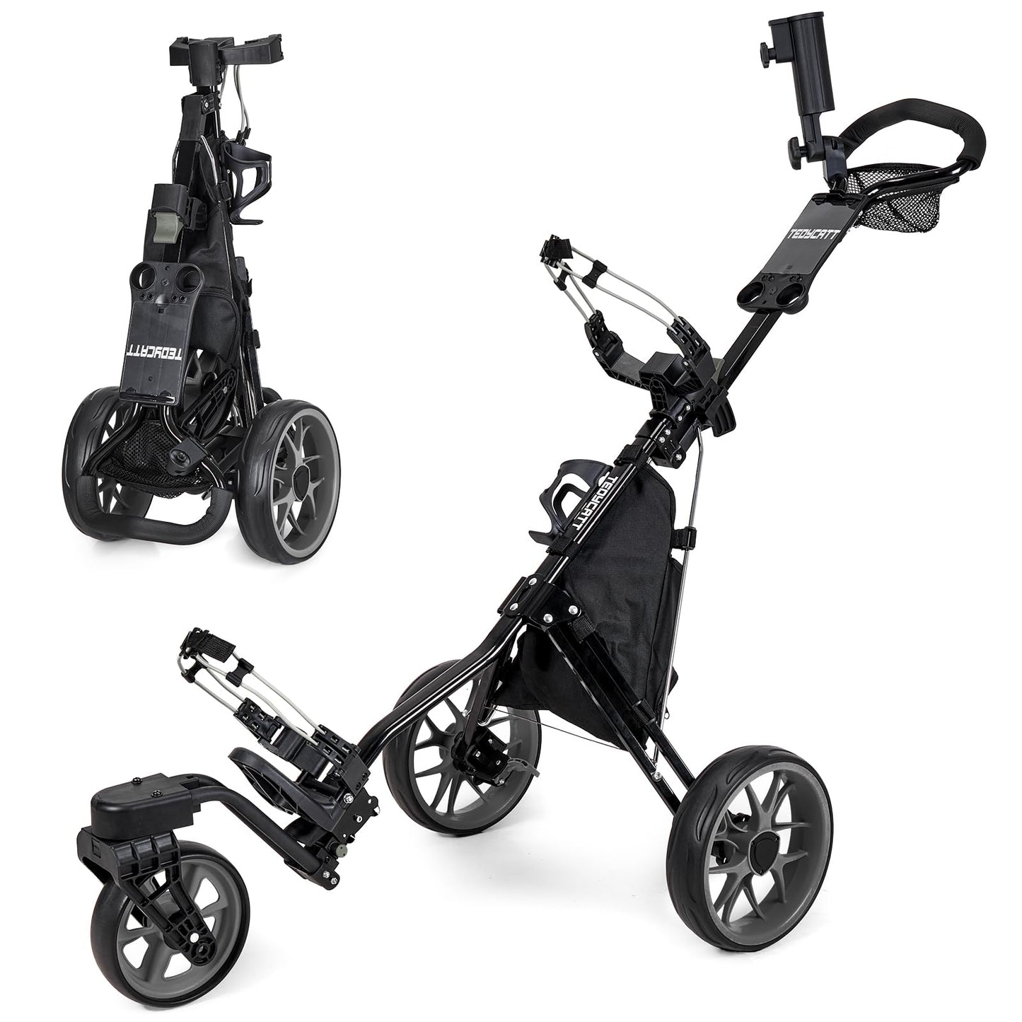 Tedycatt 360 Golf Push Cart: Lightweight Folding Swivel 3 Wheels Golf Caddy with Foot Brake, Cooler Bag, Drink& Umbrella Holder, Black Frame Gray Wheels