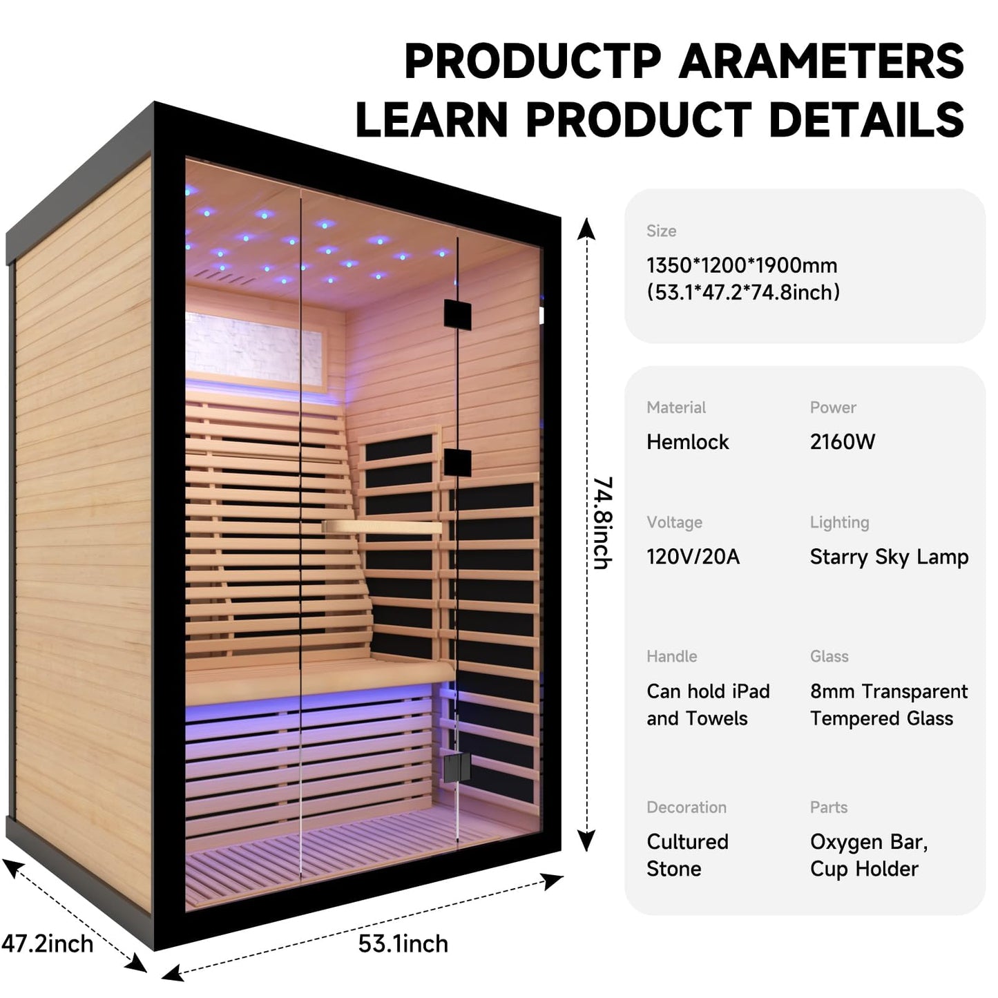 HOSAUNA Sauna 2 Person Far Infrared Sauna Home Canadian Hemlock Indoor 2160W Low-EMF Dry Saunas with Oxygen Bar, 21 Full Stars in 7 Color Remedies, Control Panel, Speakers (53.1 * 47.2 * 74.8 in)