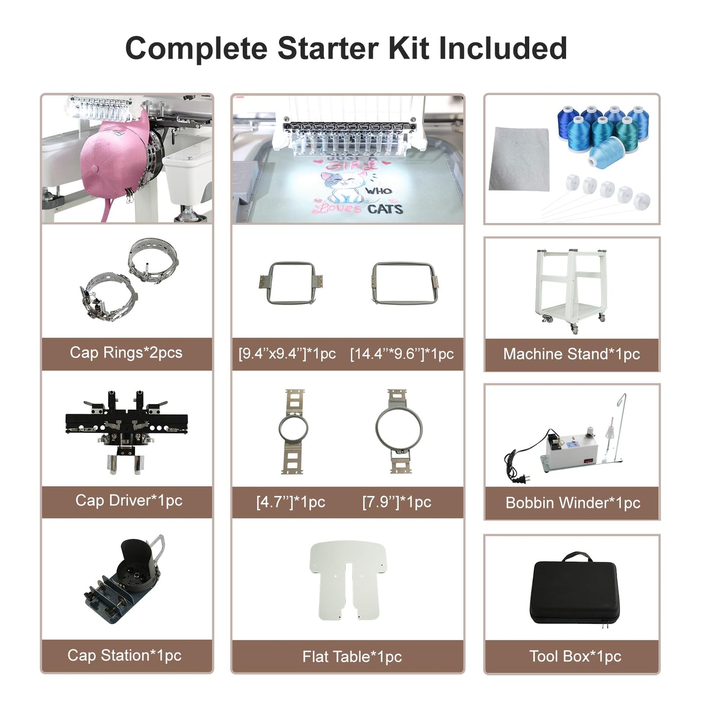 Fokuse brand FKS-1001 Commercial Embroidery Machine with 10 needle, Embroidery Area 14.2"x9.5", 1200SPM Max Speed, 7" Touch Screen, suitable for T-shirt, Hat, Flat, Bag and more