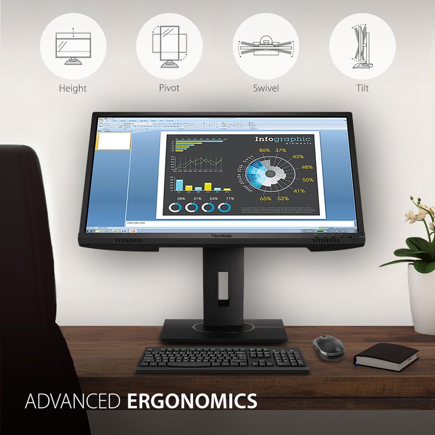 ViewSonic VG2440 24 Inch 1080p Monitor, VA Display for Smooth Home and Office Productivity, Advanced Ergonomics, HDMI, DisplayPort, VGA, and USB Inputs