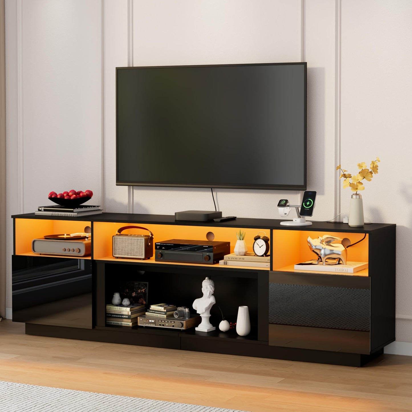 80" TV Stand for TVs up to 85", Multifunctional Entertainment Center with Large Storage & RGB LED Lights, TV Cabinet with Power Outlet, Modern TV Console for Living Room, Bedroom, and Rec Room, Black